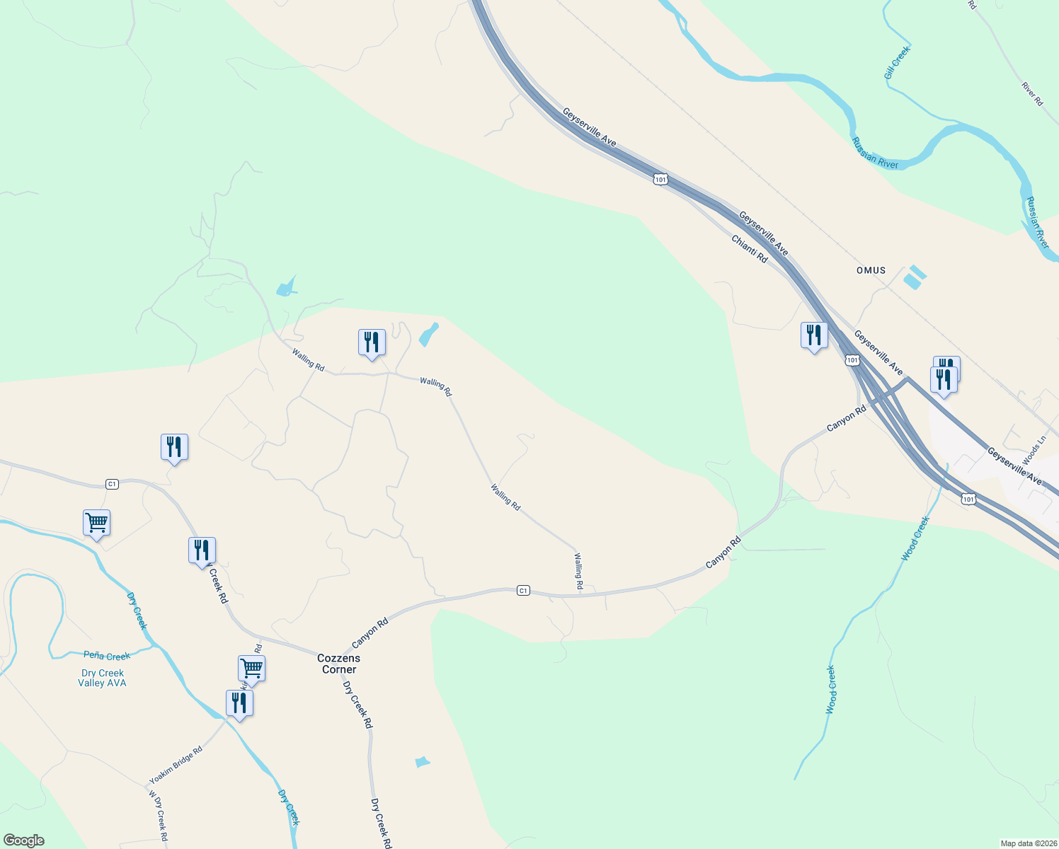 map of restaurants, bars, coffee shops, grocery stores, and more near 22700 Walling Road in Geyserville