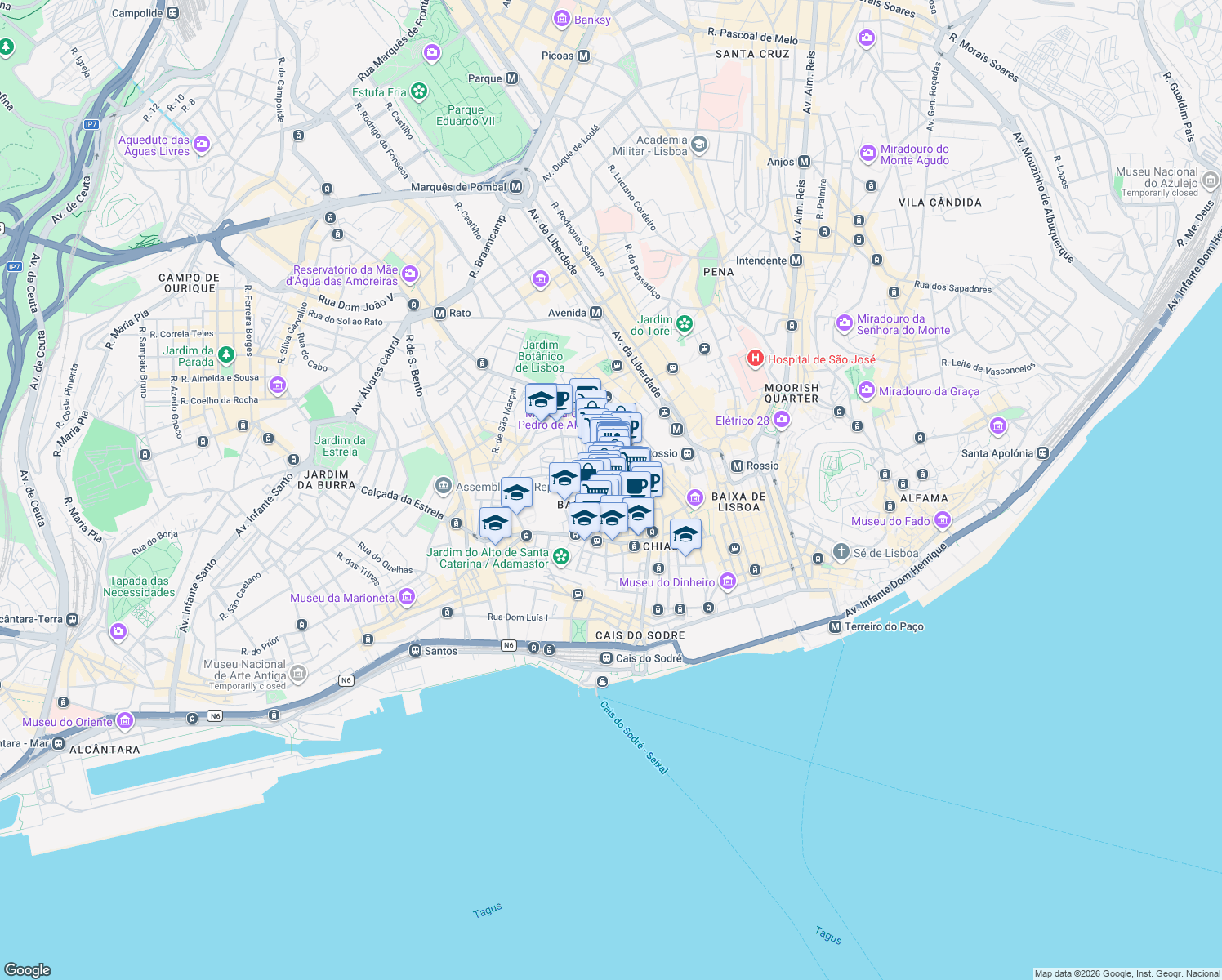 map of restaurants, bars, coffee shops, grocery stores, and more near in Lisbon