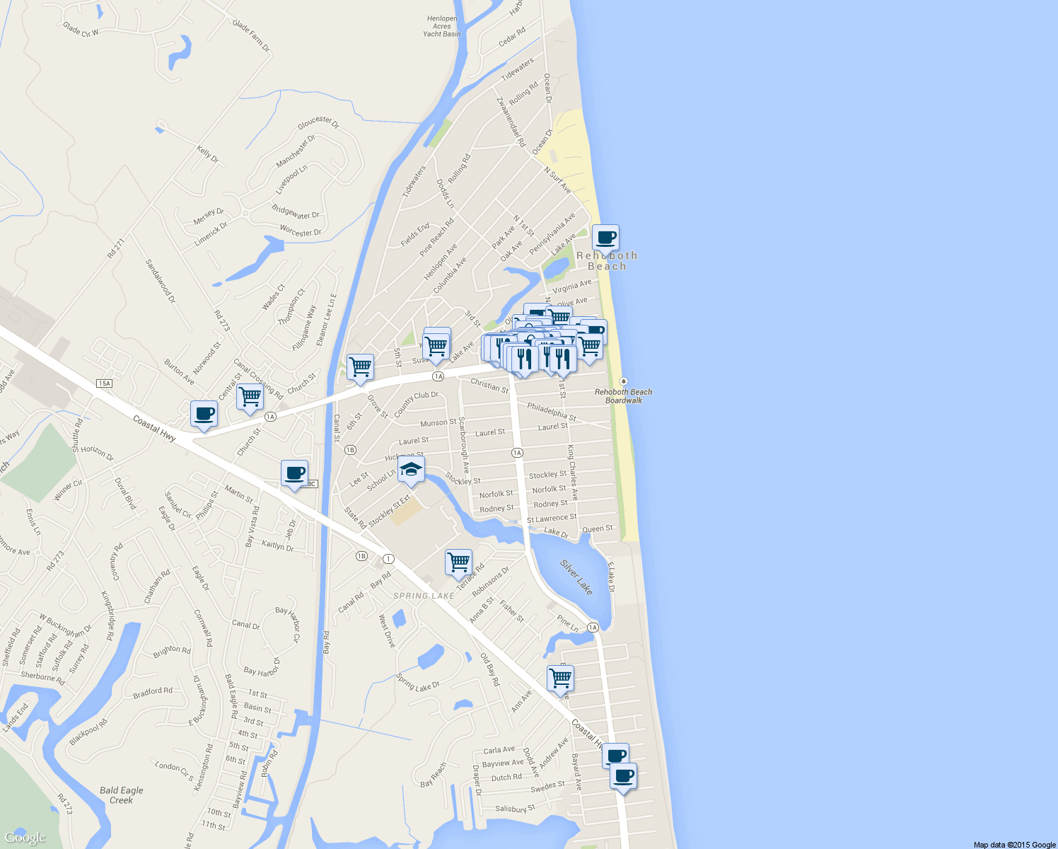 map of restaurants, bars, coffee shops, grocery stores, and more near 121 Laurel Street in Rehoboth Beach