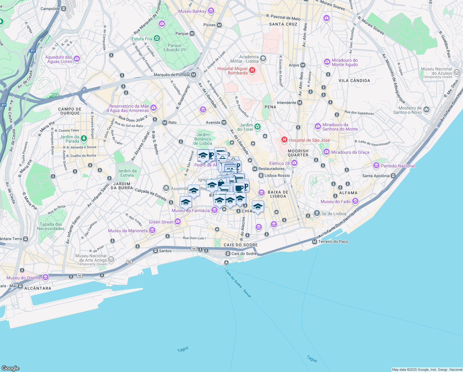 map of restaurants, bars, coffee shops, grocery stores, and more near in Lisbon