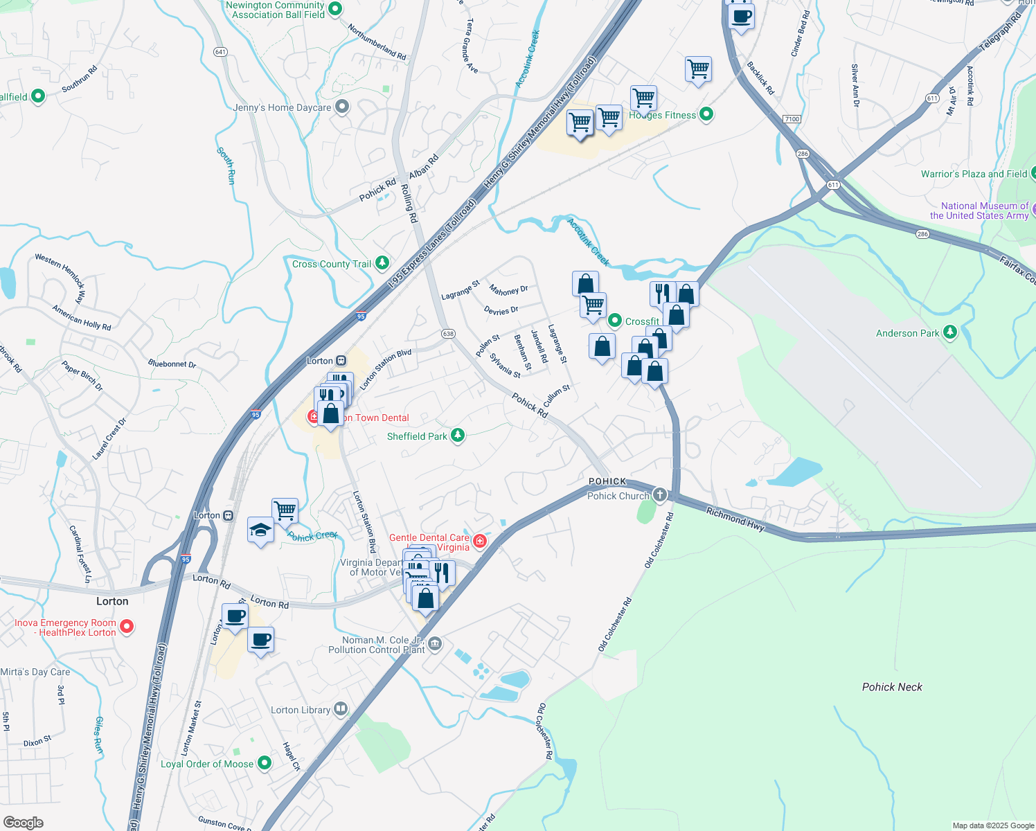 map of restaurants, bars, coffee shops, grocery stores, and more near 7605 Surry Grove Court in Lorton