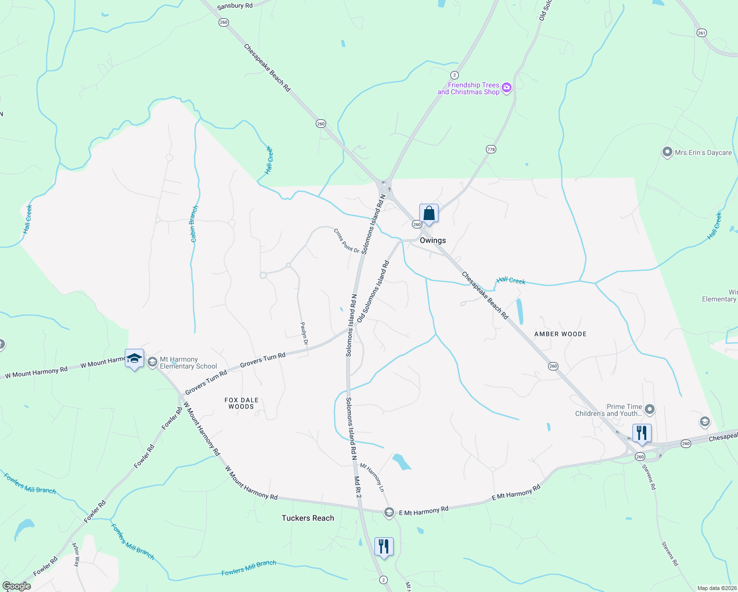 map of restaurants, bars, coffee shops, grocery stores, and more near 9524 Old Solomons Island Rd in Owings