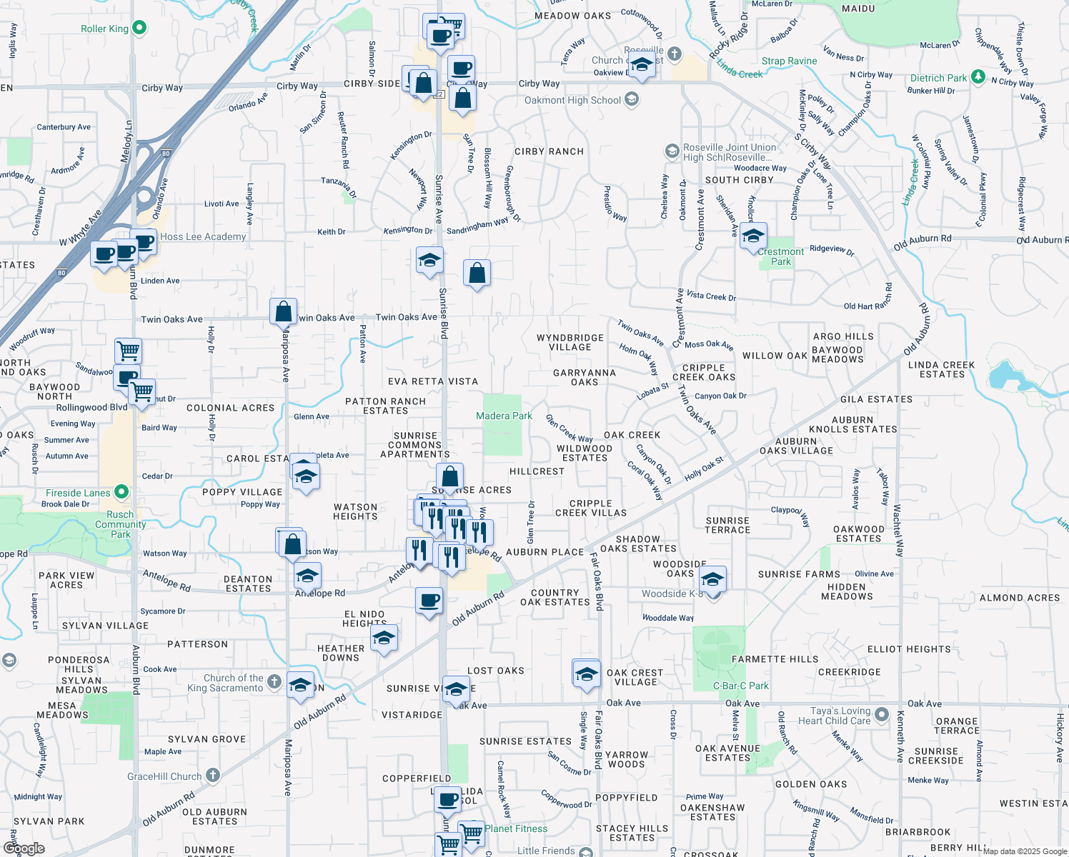map of restaurants, bars, coffee shops, grocery stores, and more near 8108 Glen Tree Drive in Citrus Heights