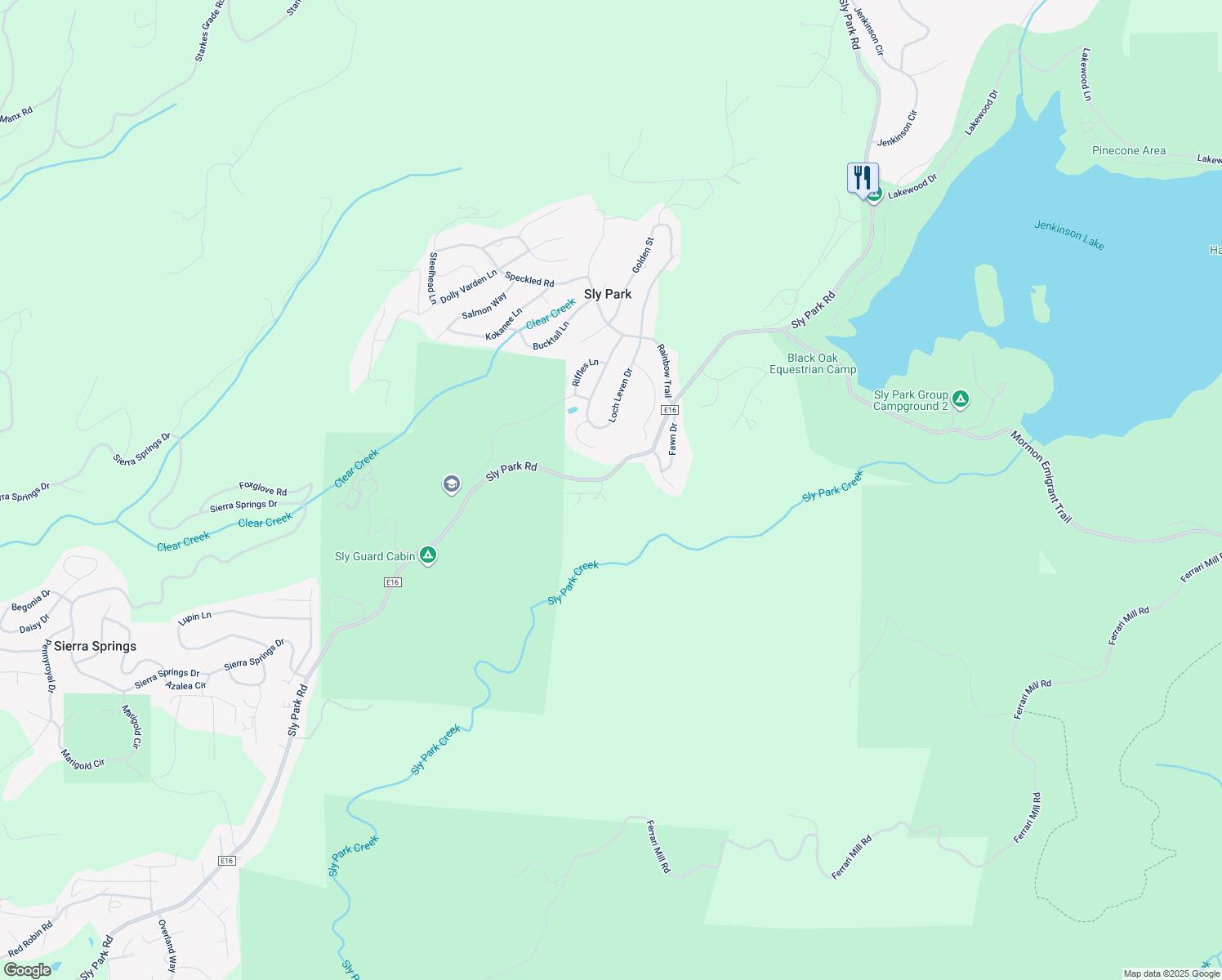 map of restaurants, bars, coffee shops, grocery stores, and more near 5297 Buckhorn Road in Pollock Pines