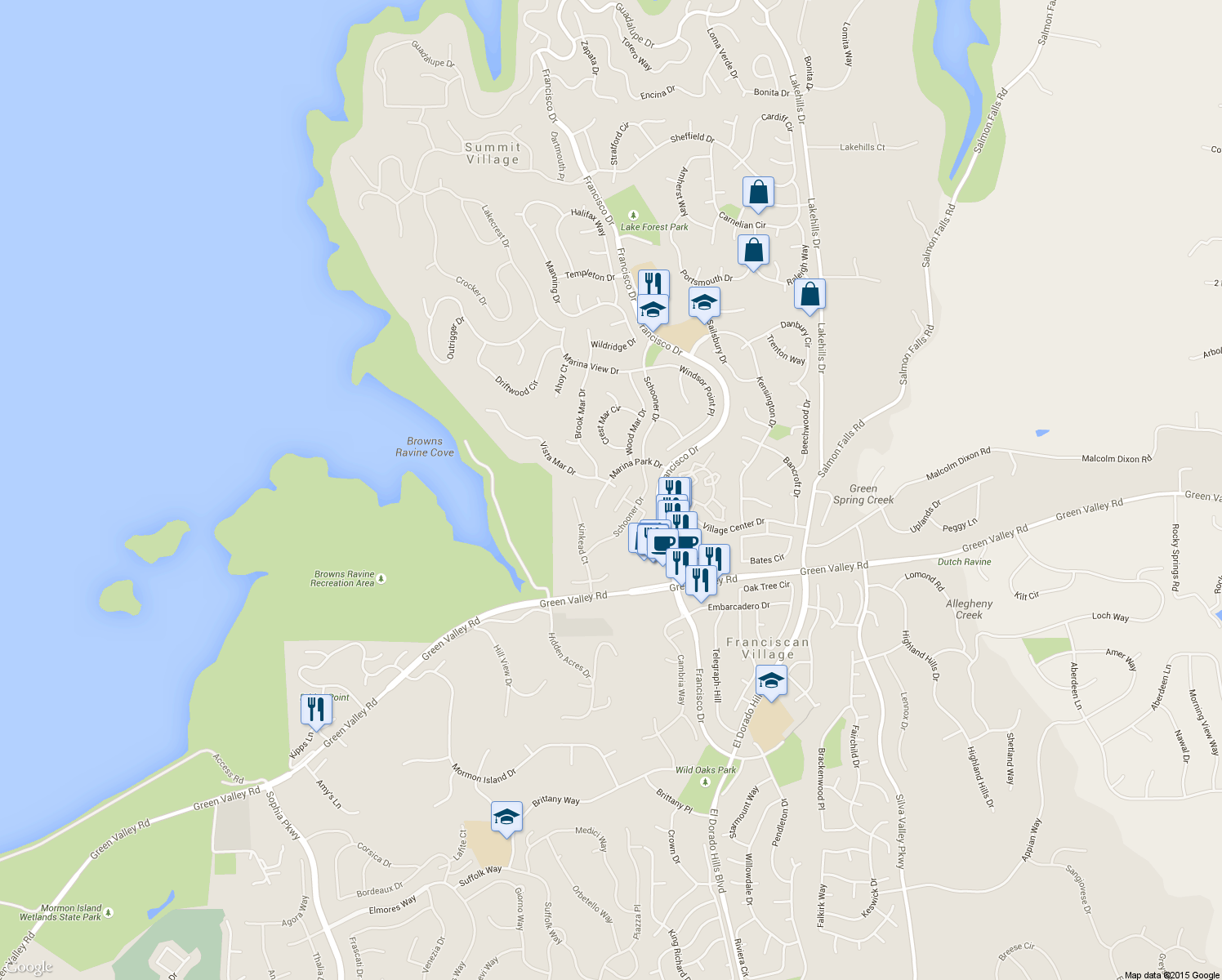map of restaurants, bars, coffee shops, grocery stores, and more near 784 Marina Park Drive in El Dorado Hills