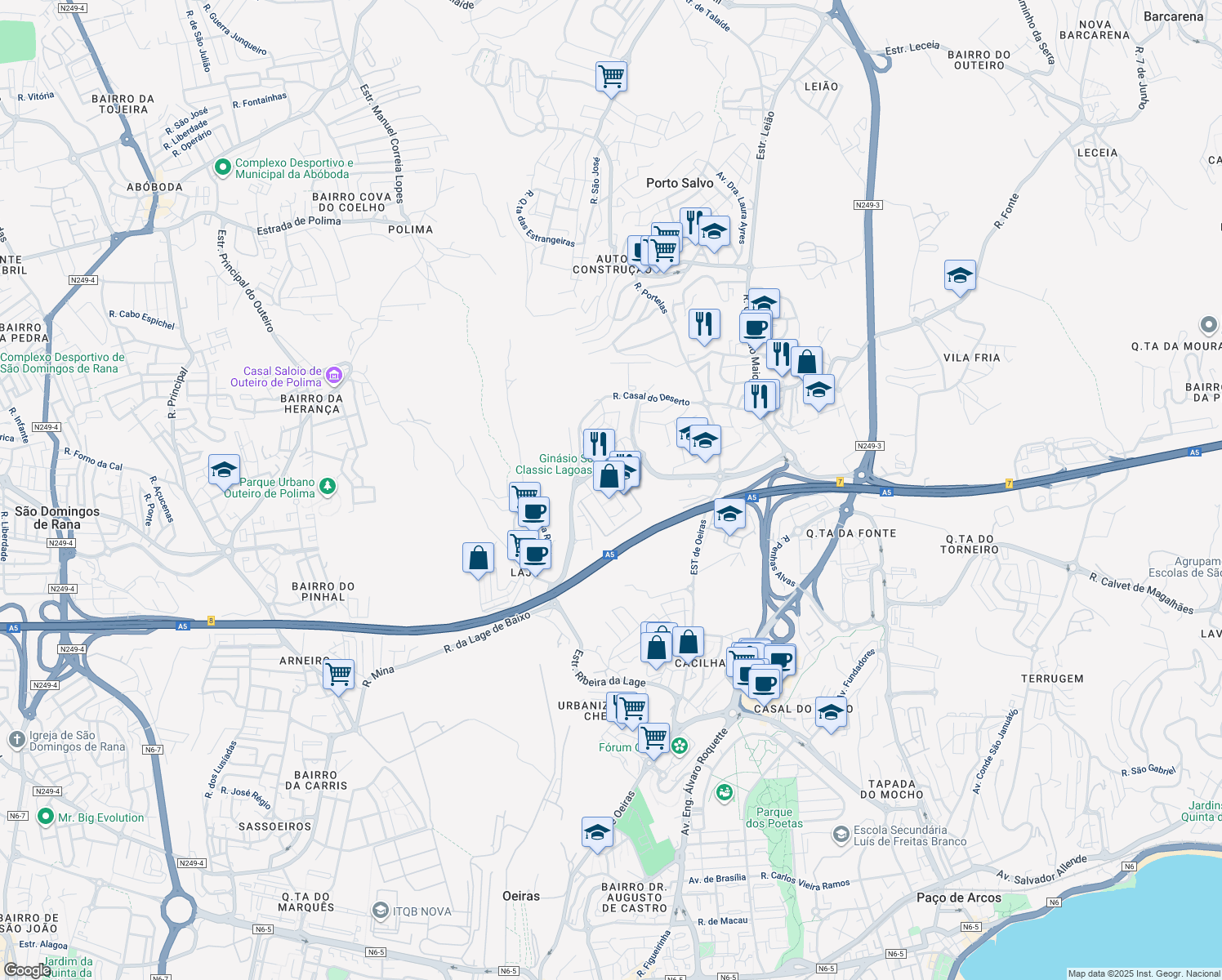 map of restaurants, bars, coffee shops, grocery stores, and more near in Porto Salvo