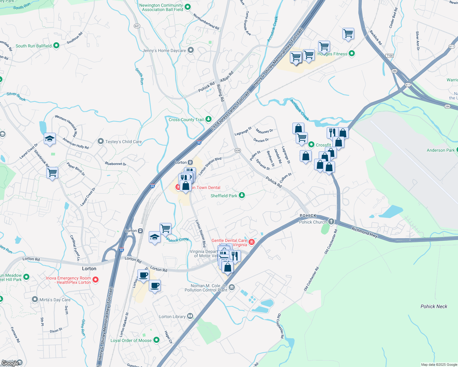 map of restaurants, bars, coffee shops, grocery stores, and more near 7651 Wolford Way in Lorton