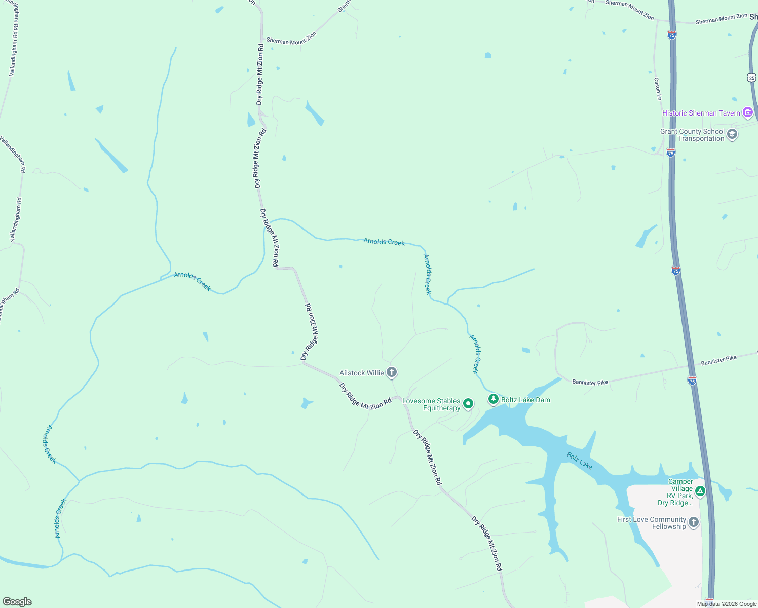 map of restaurants, bars, coffee shops, grocery stores, and more near 185 Bridle Court in Dry Ridge