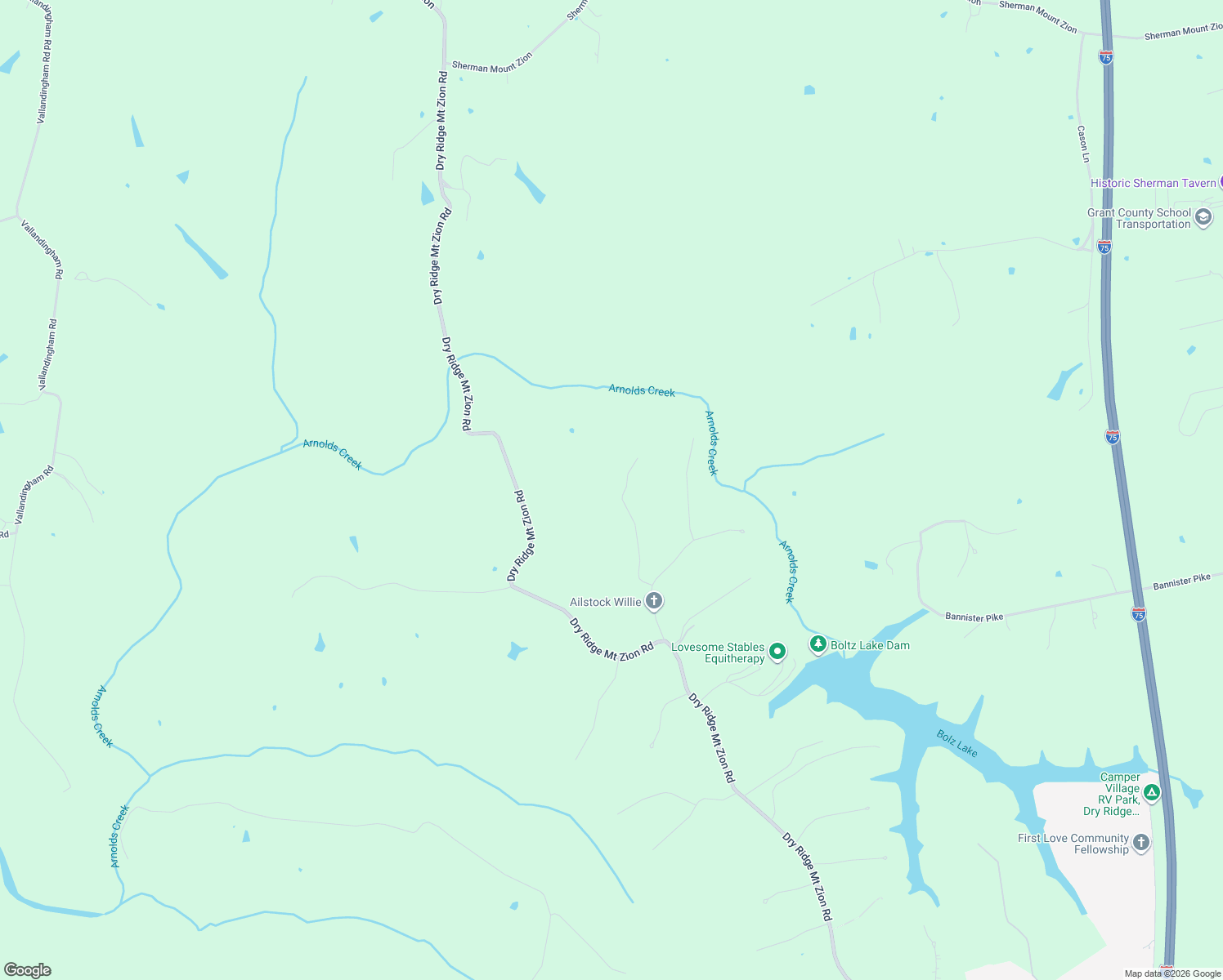 map of restaurants, bars, coffee shops, grocery stores, and more near 185 Bridle Court in Dry Ridge