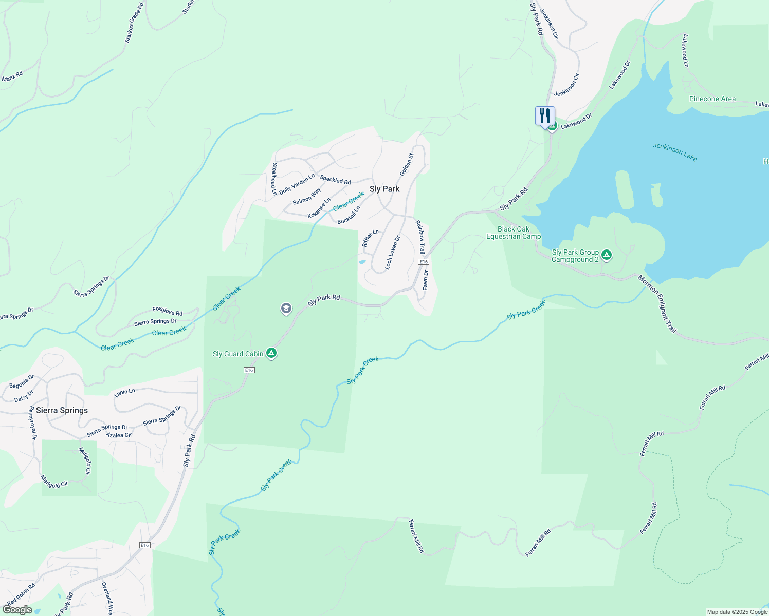 map of restaurants, bars, coffee shops, grocery stores, and more near 5297 Buckhorn Road in Pollock Pines