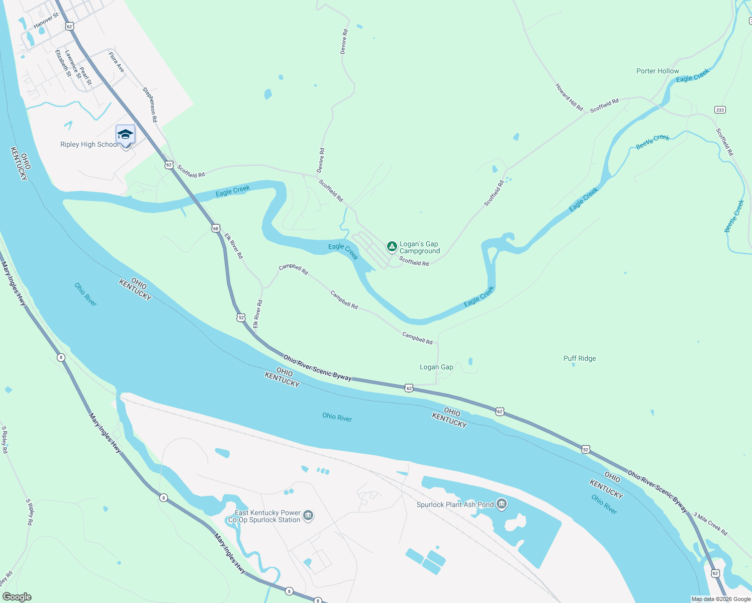 map of restaurants, bars, coffee shops, grocery stores, and more near 7041 Campbell Road in Ripley