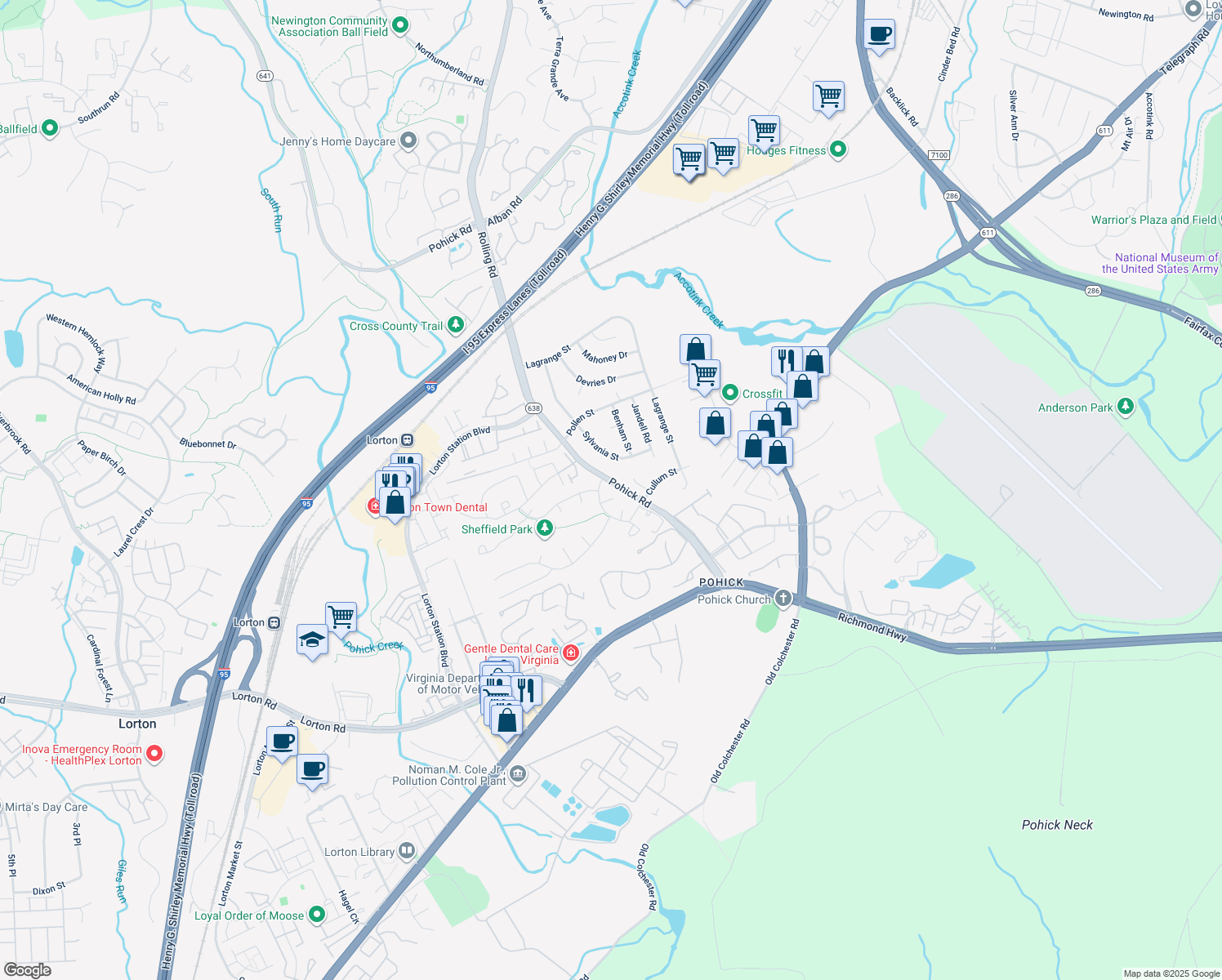 map of restaurants, bars, coffee shops, grocery stores, and more near 7604 Surry Grove Court in Lorton
