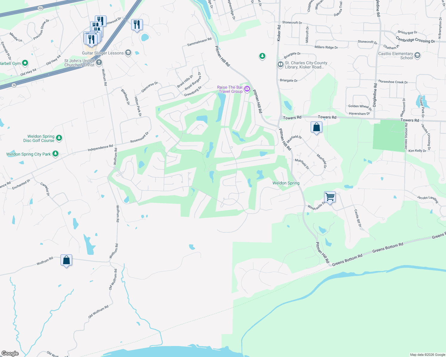 map of restaurants, bars, coffee shops, grocery stores, and more near 229 Greenburn Drive in Weldon Spring