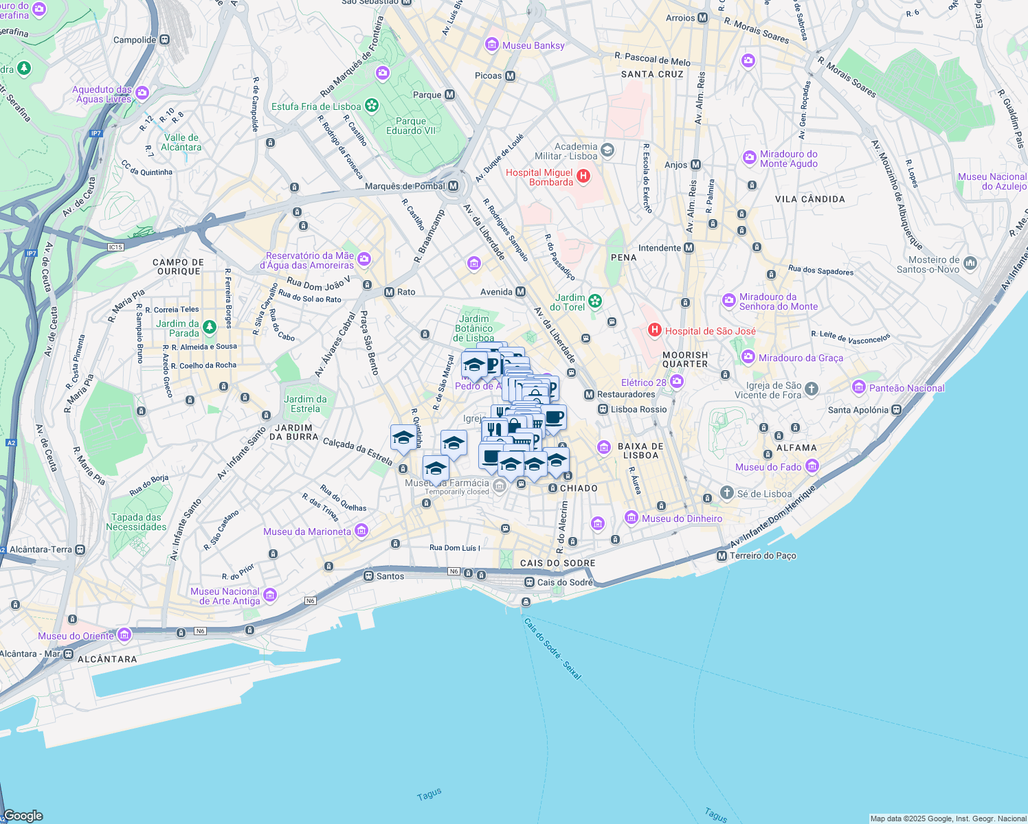 map of restaurants, bars, coffee shops, grocery stores, and more near 45 Rua São Boaventura in Lisboa