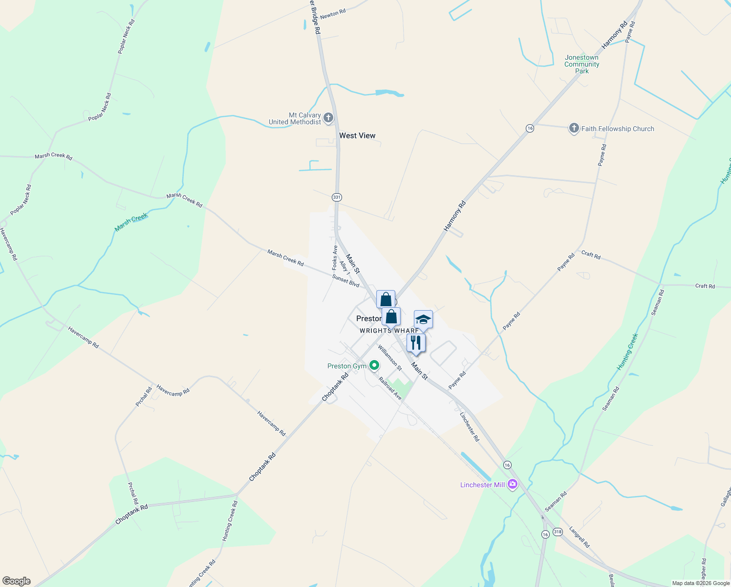 map of restaurants, bars, coffee shops, grocery stores, and more near 101 Sunset Blvd in Preston