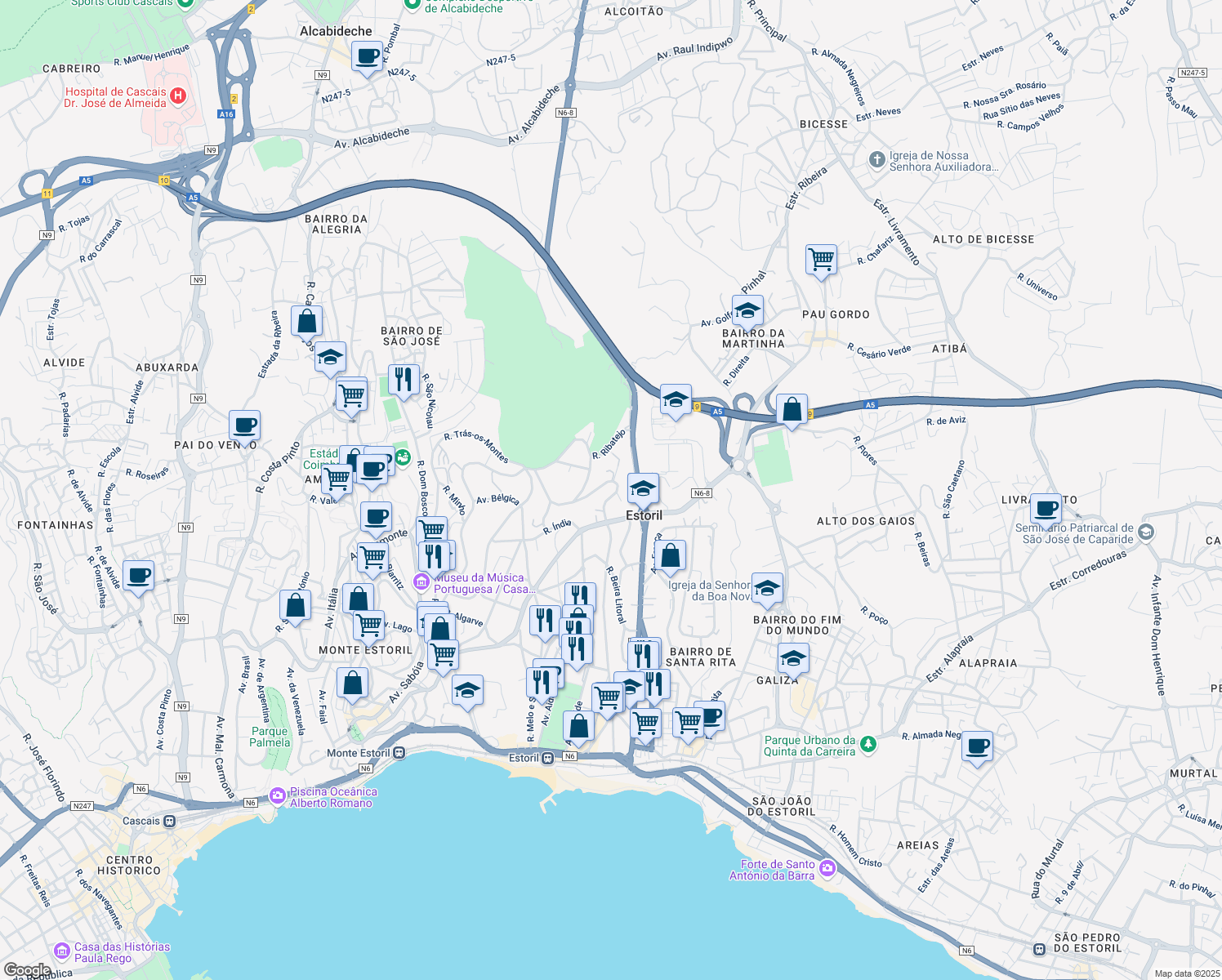 map of restaurants, bars, coffee shops, grocery stores, and more near 1760 Rua Dom Afonso Henriques in Estoril