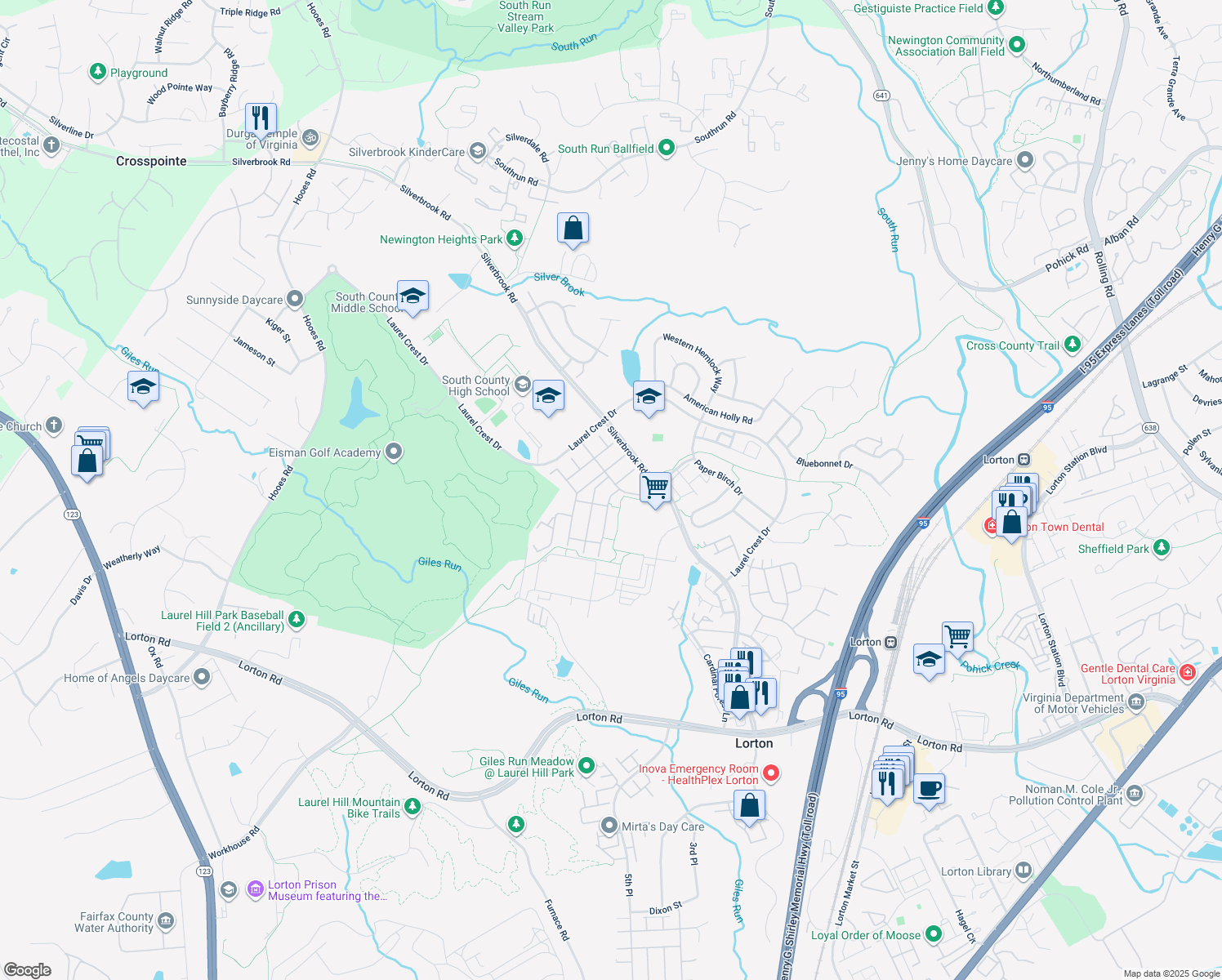 map of restaurants, bars, coffee shops, grocery stores, and more near 8902 Pink Carnation Court in Lorton