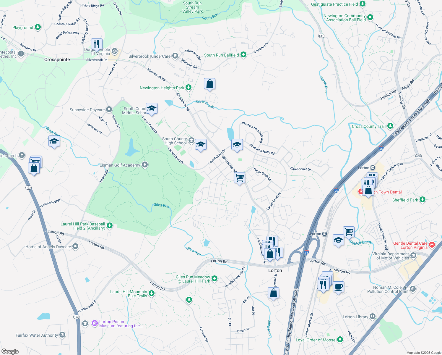 map of restaurants, bars, coffee shops, grocery stores, and more near 8905 Periwinkle Blue Court in Lorton
