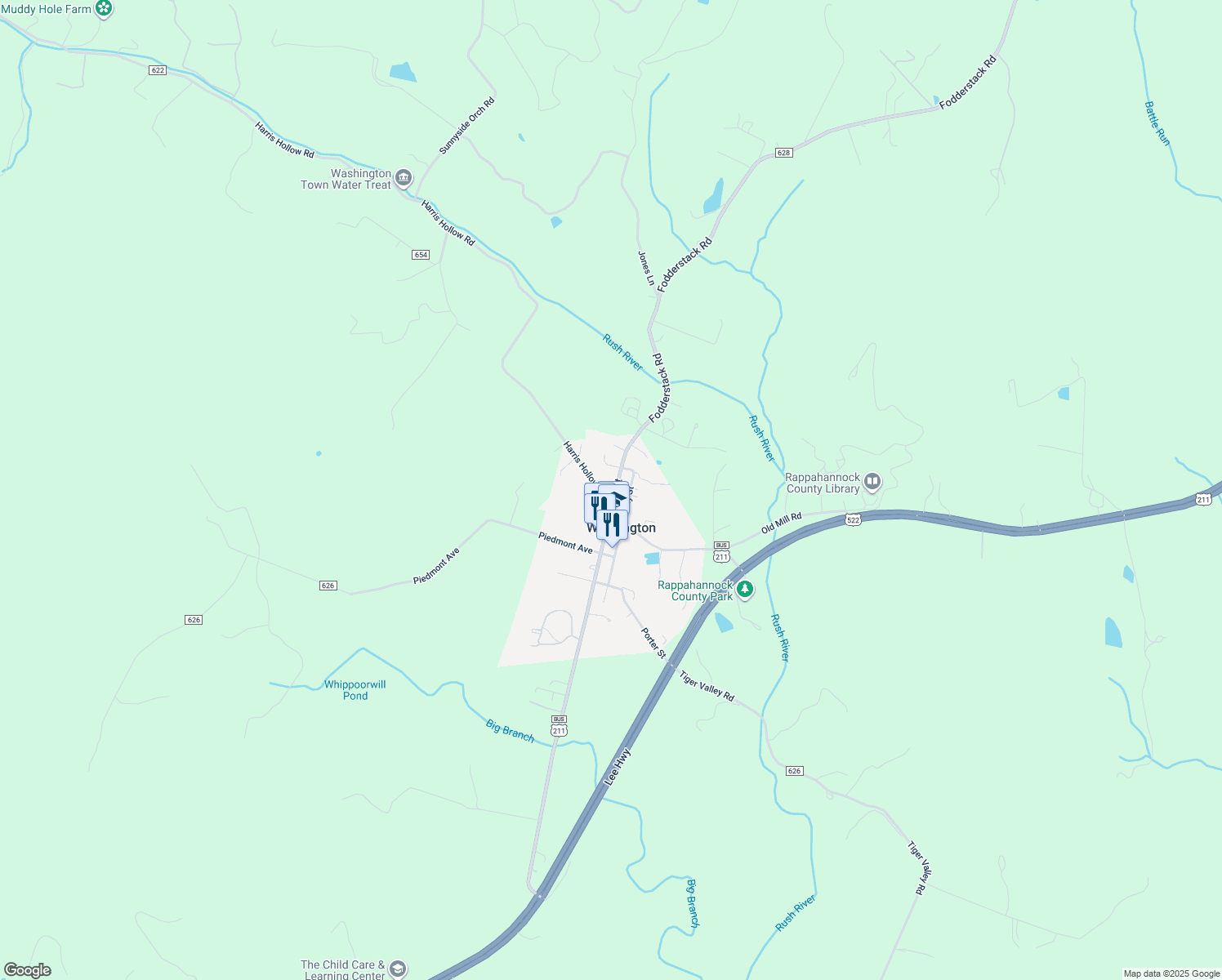 map of restaurants, bars, coffee shops, grocery stores, and more near 525 Main Street in Washington