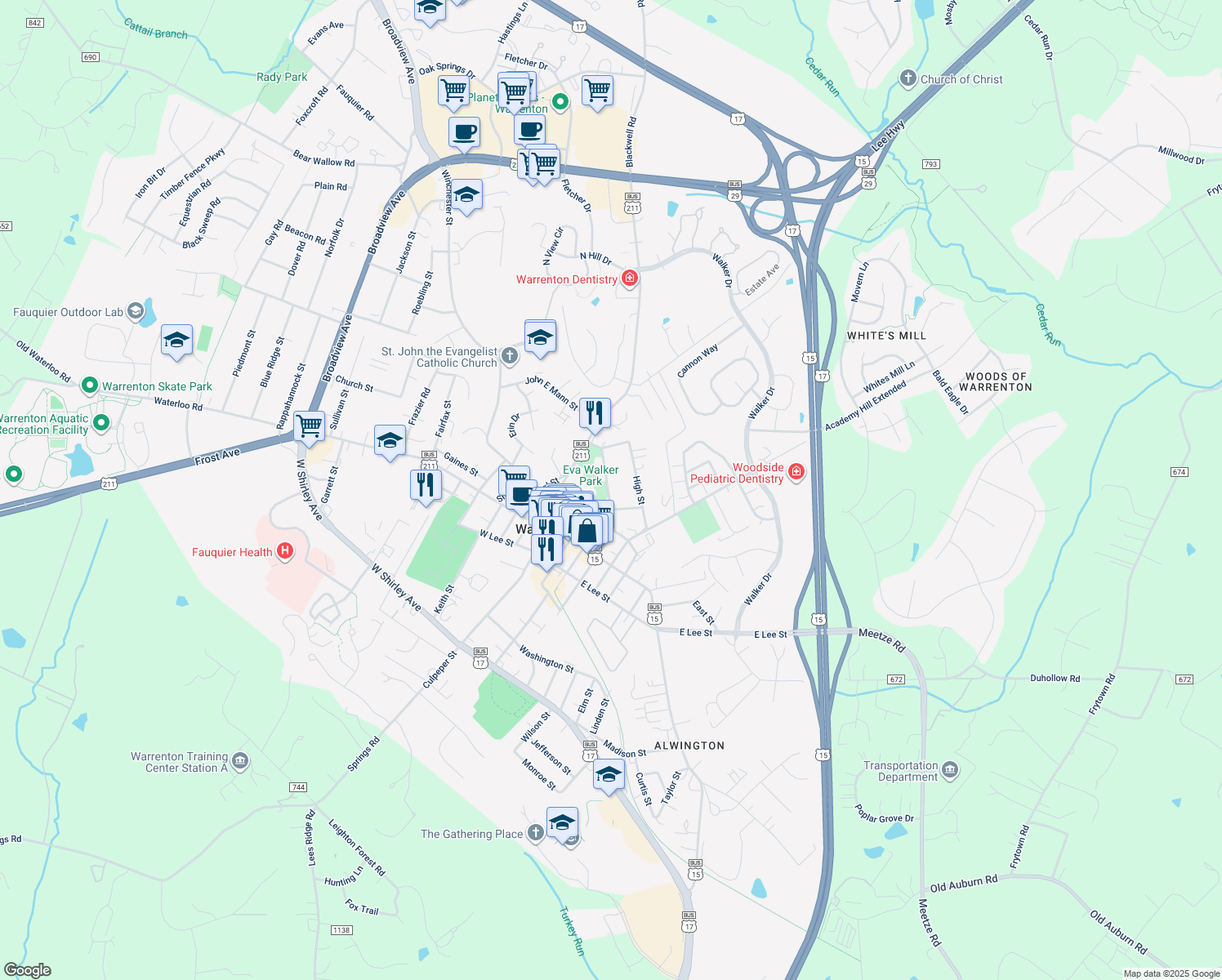 map of restaurants, bars, coffee shops, grocery stores, and more near 107 Haiti Street in Warrenton