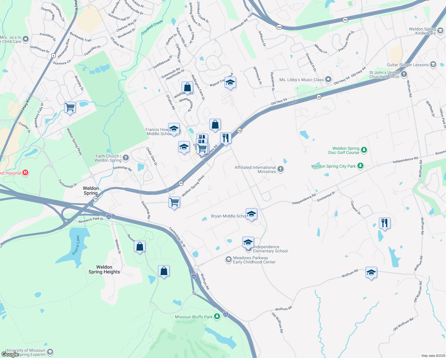 map of restaurants, bars, coffee shops, grocery stores, and more near 786 Southbrook Forest Court in Weldon Spring