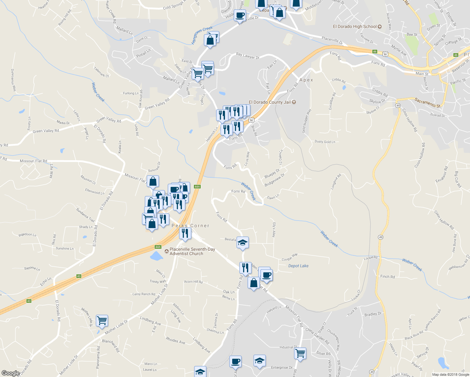 map of restaurants, bars, coffee shops, grocery stores, and more near 3480 Forni Road in Placerville