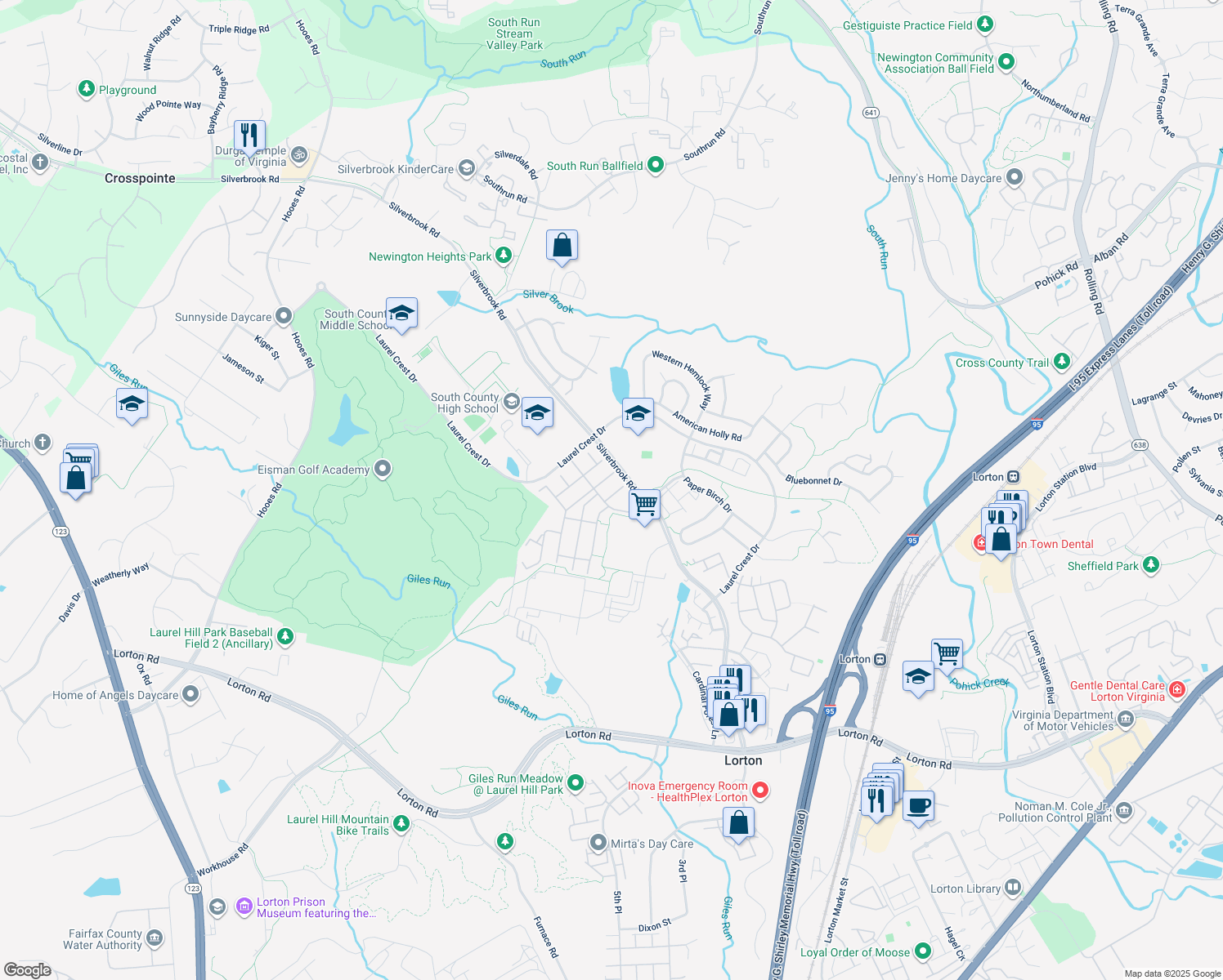 map of restaurants, bars, coffee shops, grocery stores, and more near 8892 Calla Lily Court in Lorton