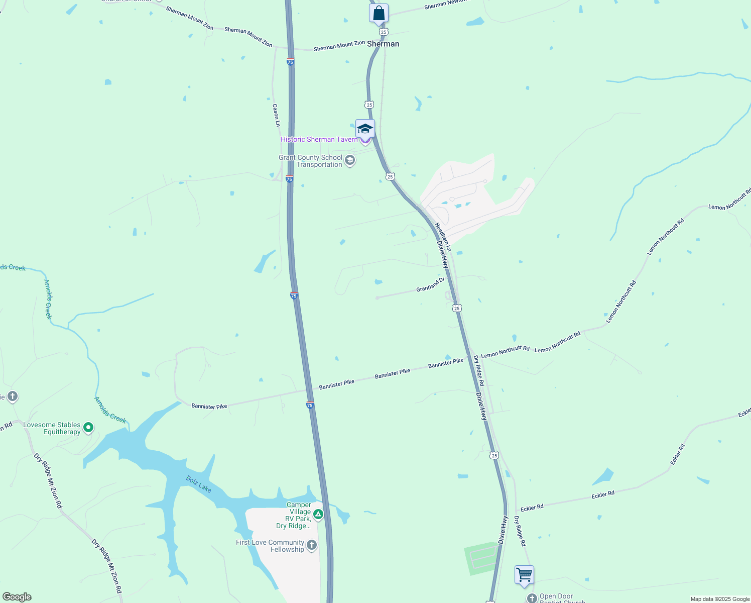 map of restaurants, bars, coffee shops, grocery stores, and more near 394 Grantland Drive in Dry Ridge