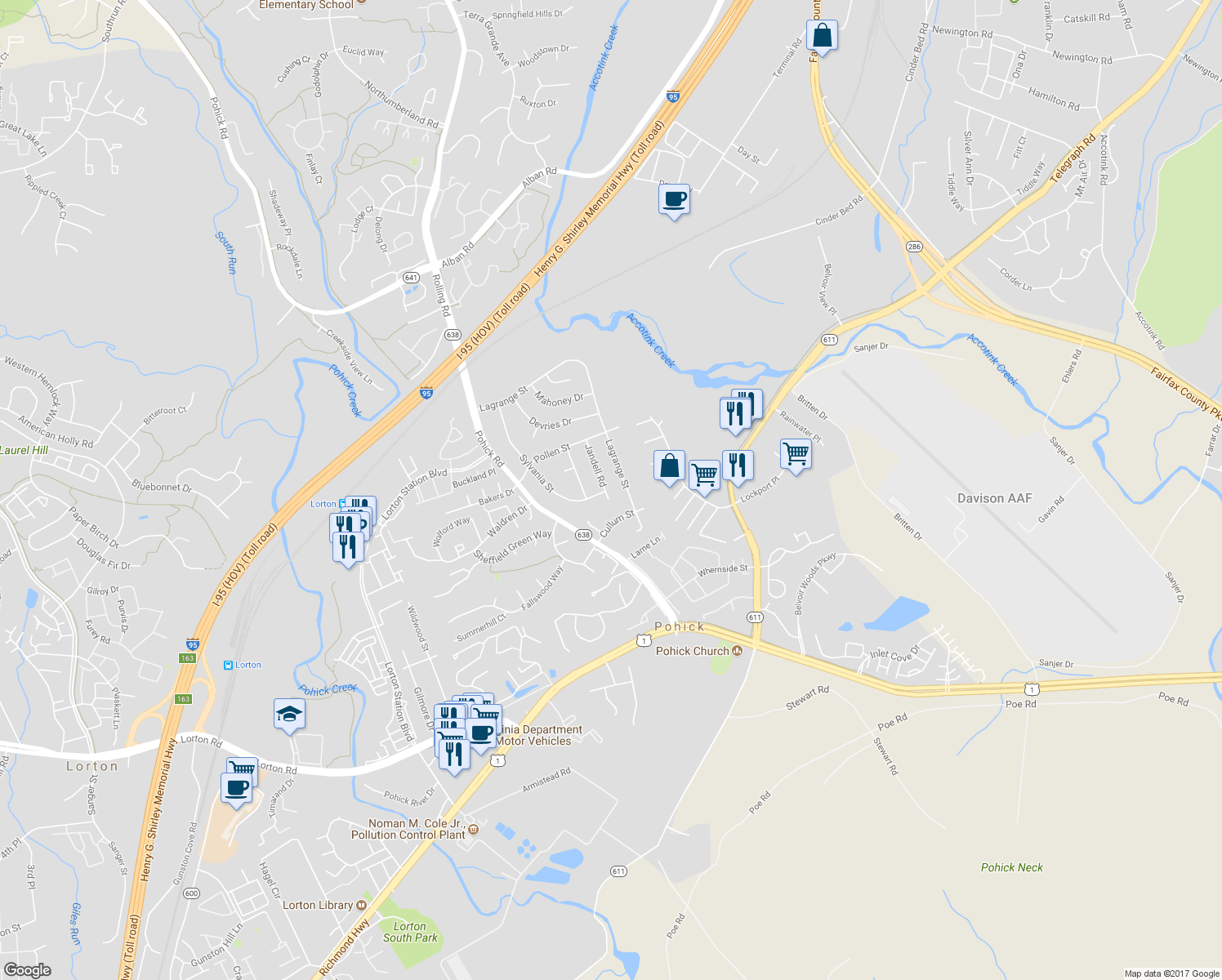 map of restaurants, bars, coffee shops, grocery stores, and more near 8907 Jandell Road in Lorton
