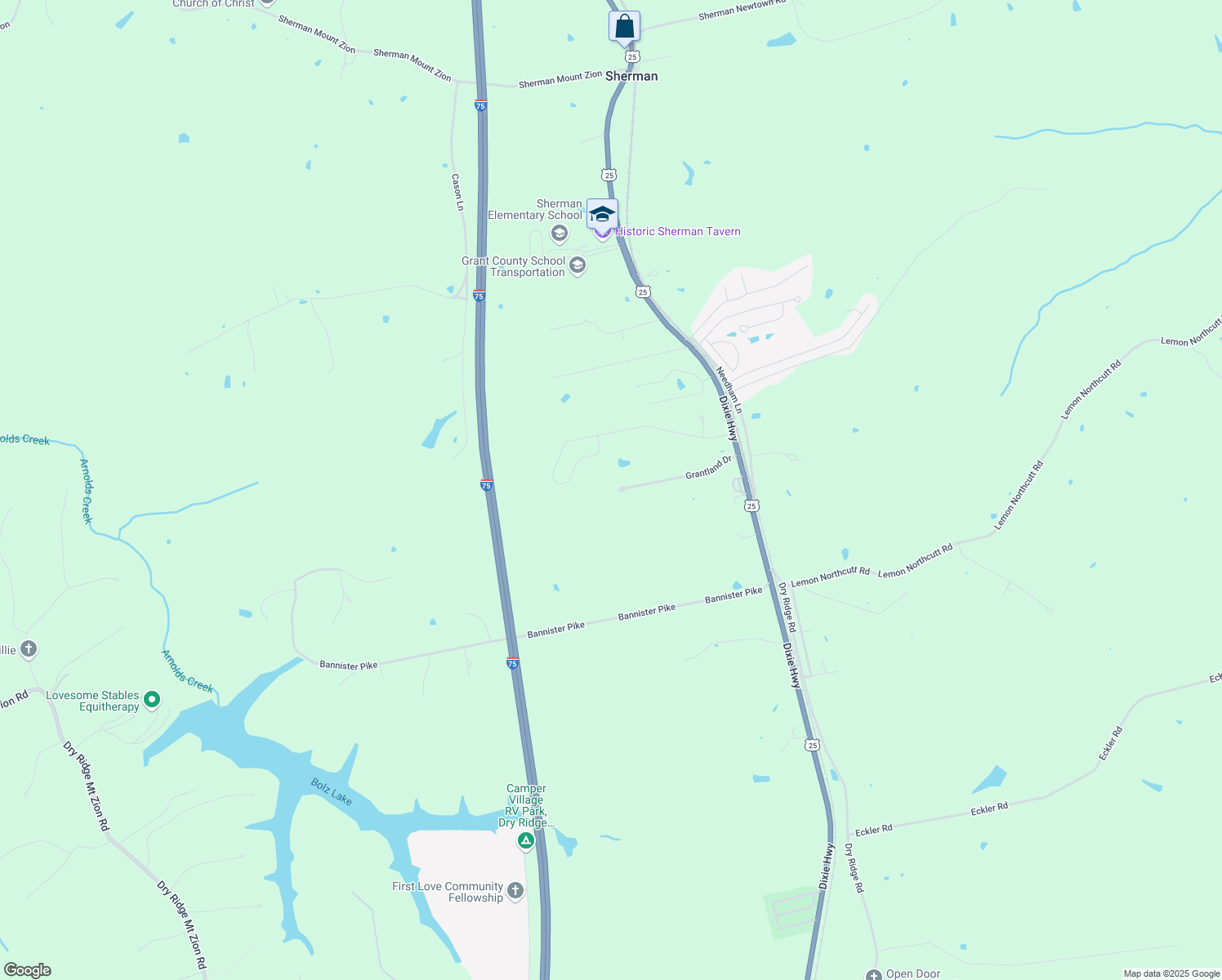 map of restaurants, bars, coffee shops, grocery stores, and more near 394 Grantland Drive in Dry Ridge