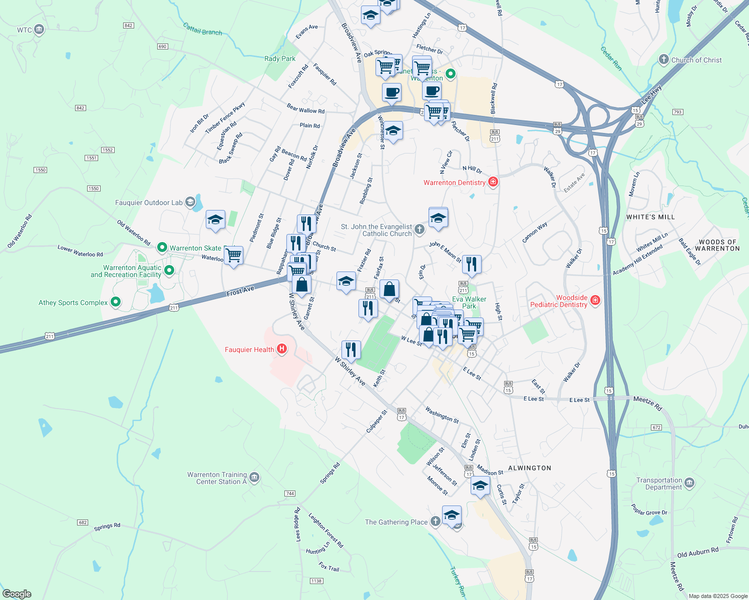map of restaurants, bars, coffee shops, grocery stores, and more near 180 Waterloo Street in Warrenton
