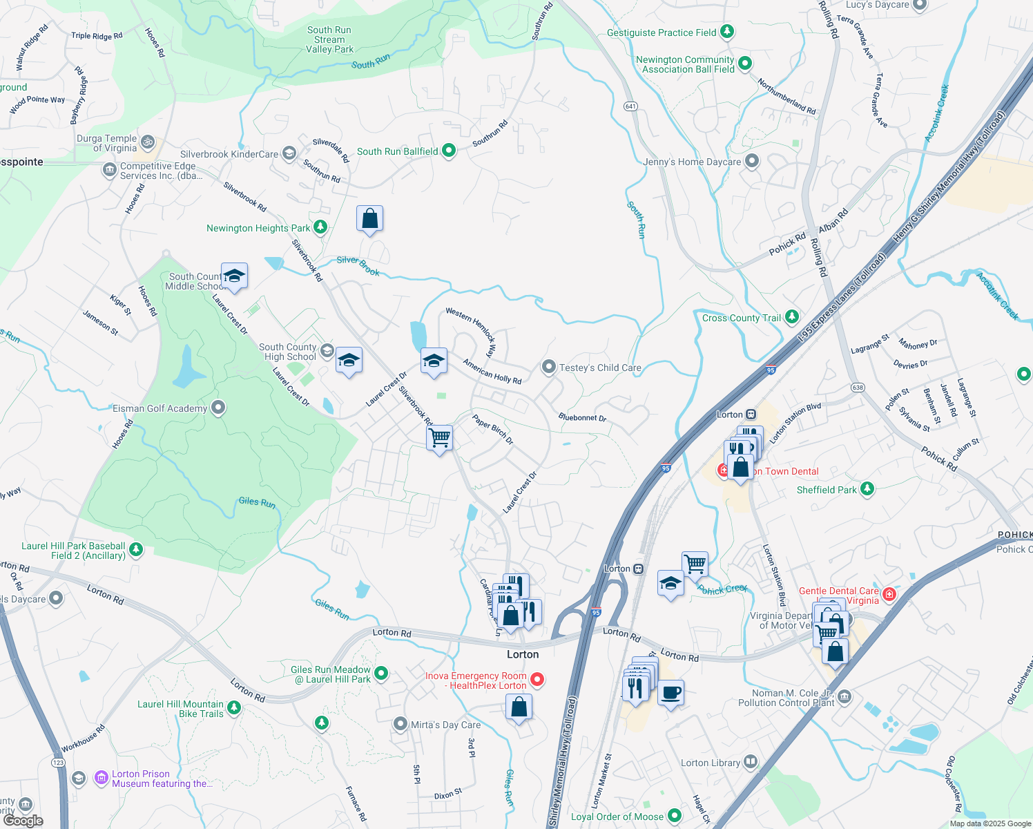 map of restaurants, bars, coffee shops, grocery stores, and more near 8199 Singleleaf Ln in Lorton