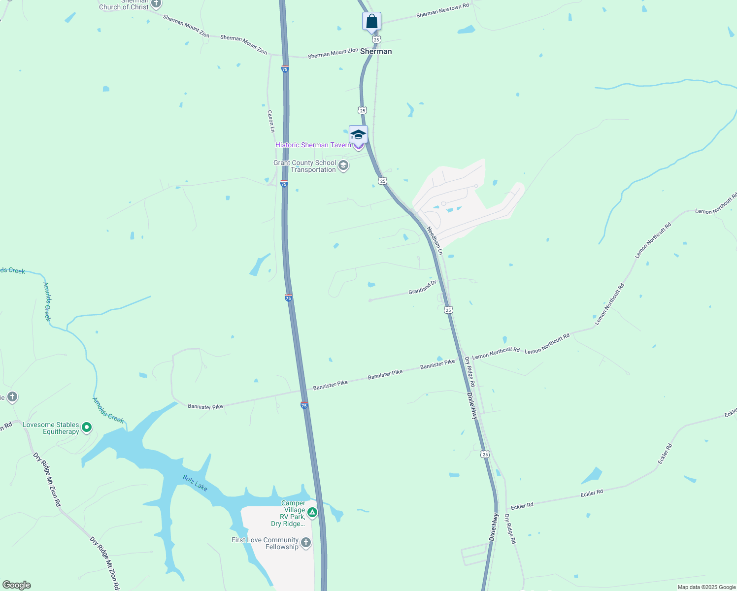 map of restaurants, bars, coffee shops, grocery stores, and more near 385 Grantland Drive in Dry Ridge