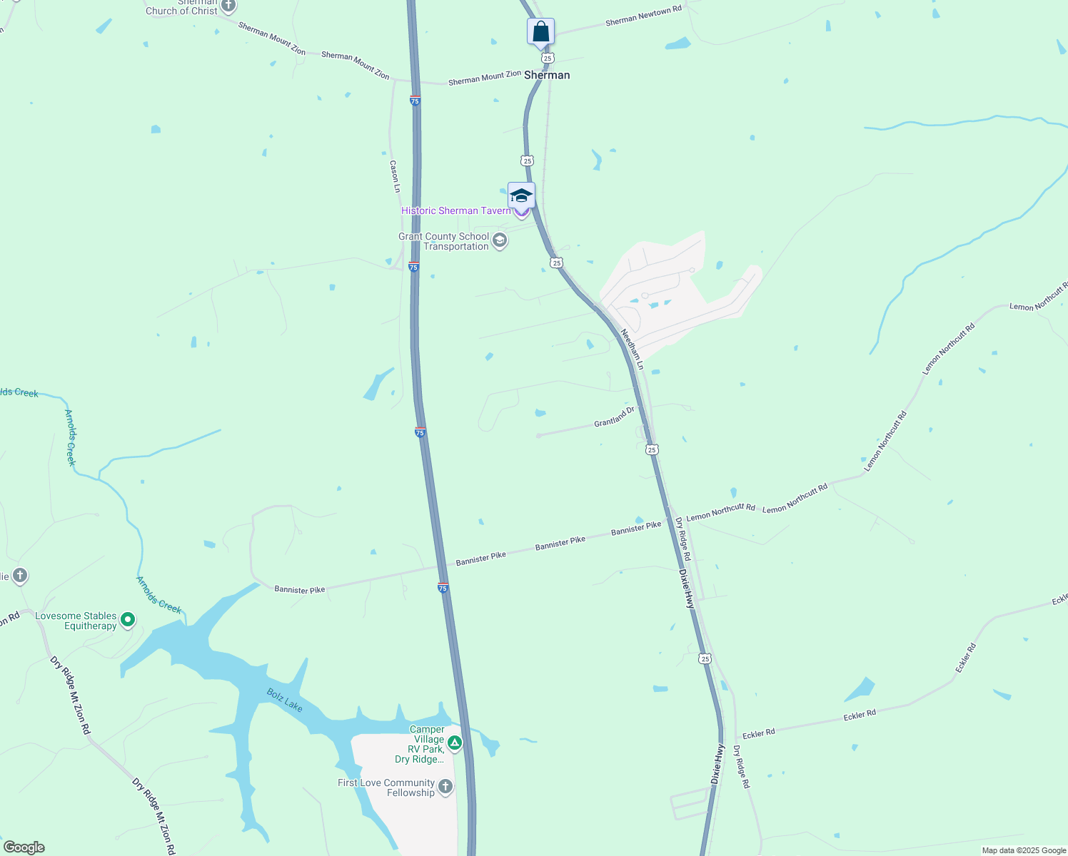 map of restaurants, bars, coffee shops, grocery stores, and more near 385 Grantland Drive in Dry Ridge