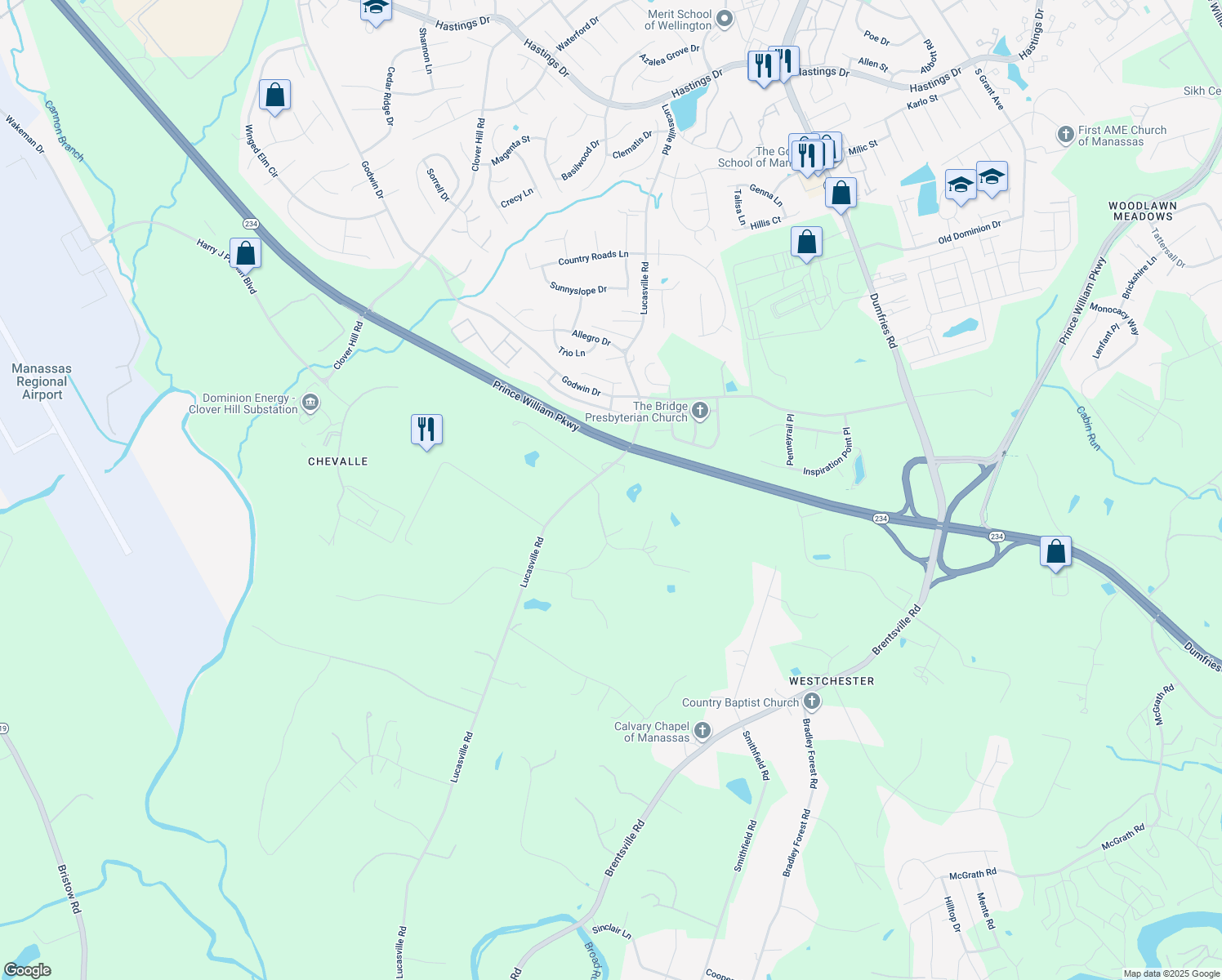 map of restaurants, bars, coffee shops, grocery stores, and more near 9540 Fostern Lane in Manassas