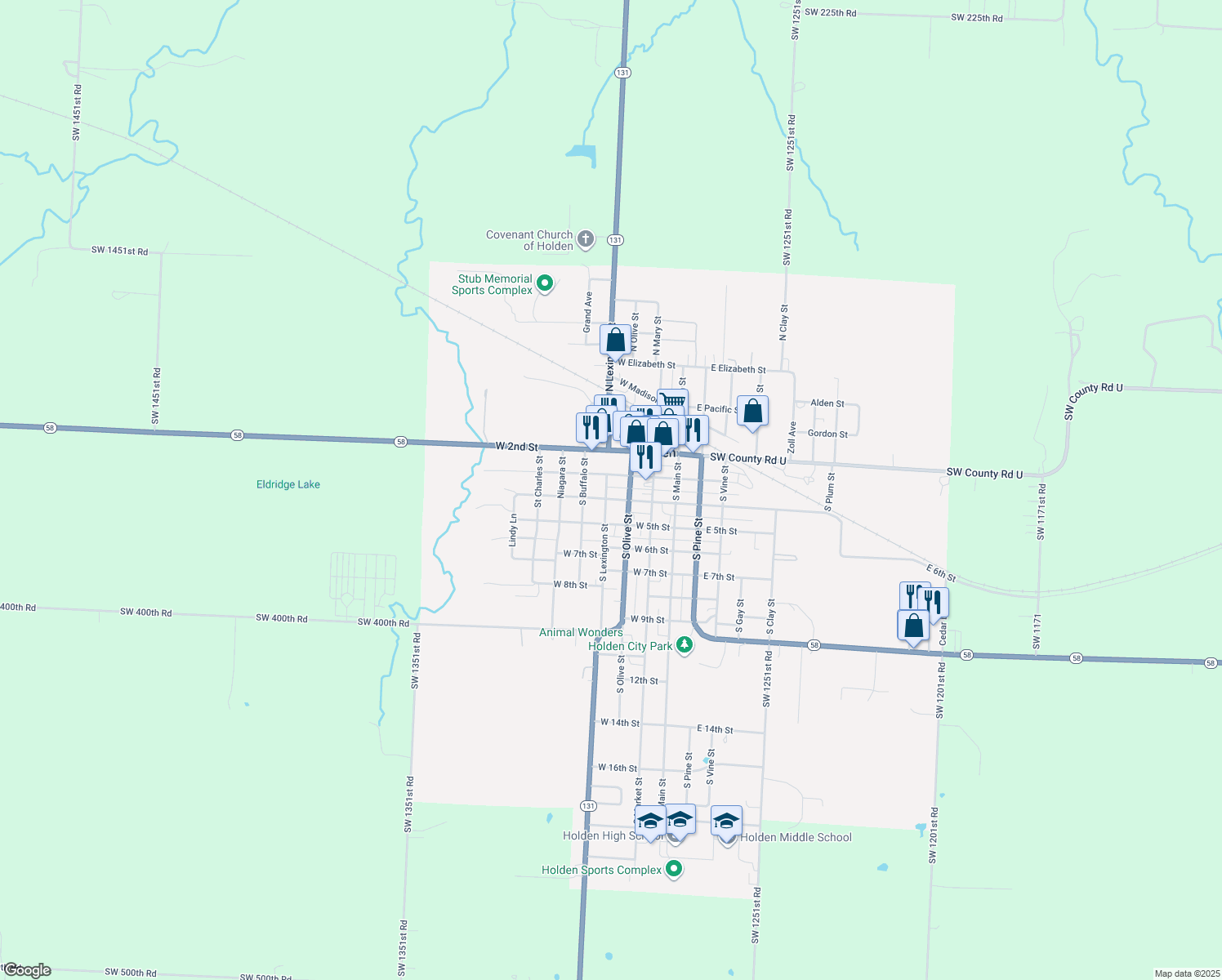 map of restaurants, bars, coffee shops, grocery stores, and more near 303 South Lexington Street in Holden