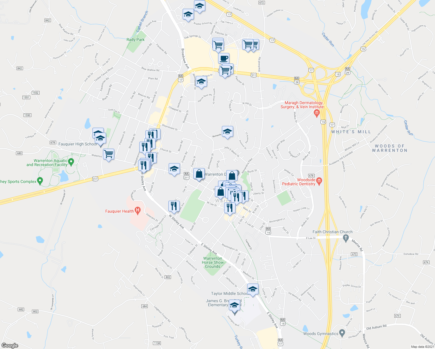 map of restaurants, bars, coffee shops, grocery stores, and more near 111 Winchester Street in Warrenton
