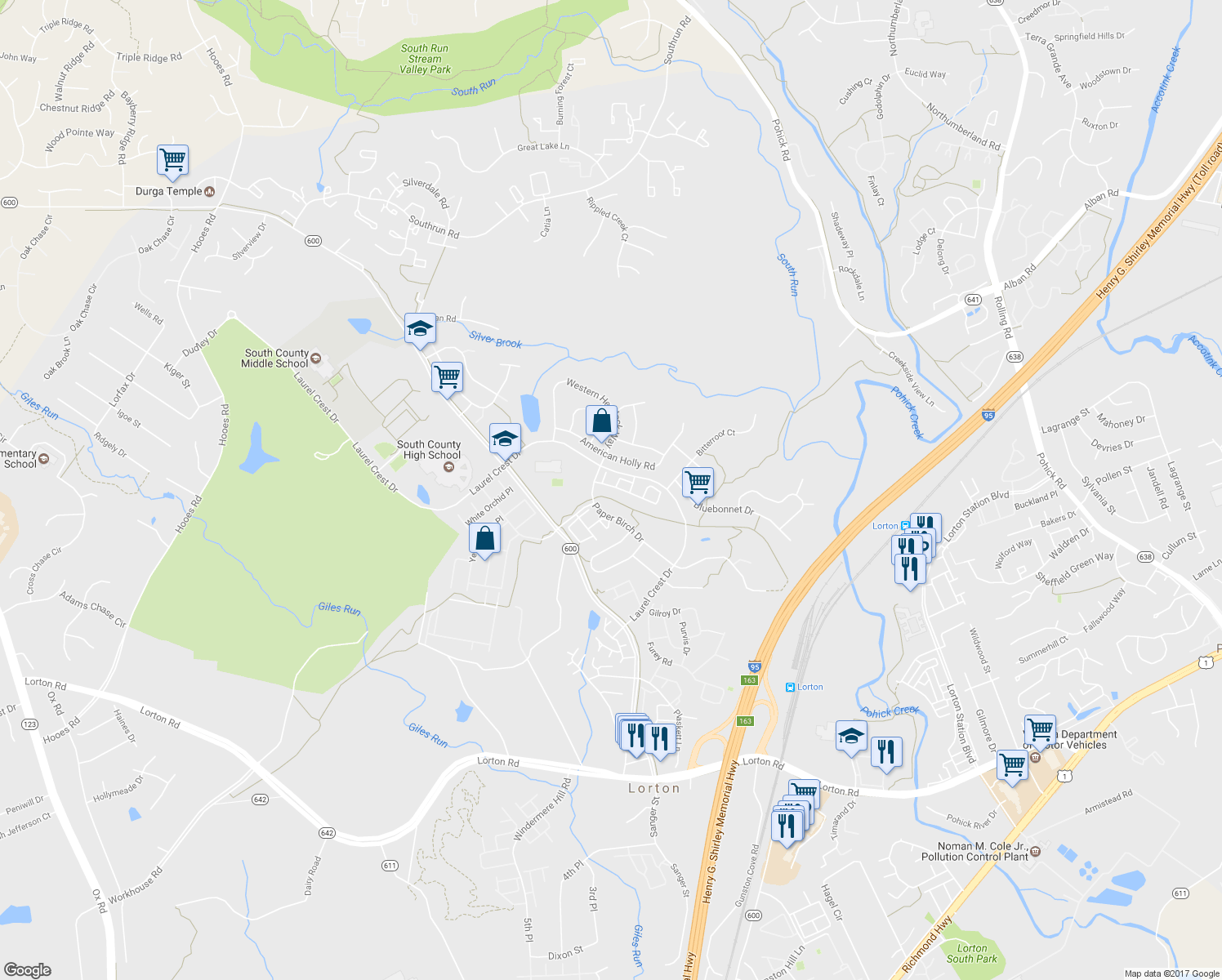map of restaurants, bars, coffee shops, grocery stores, and more near 8247 Singleleaf Lane in Lorton
