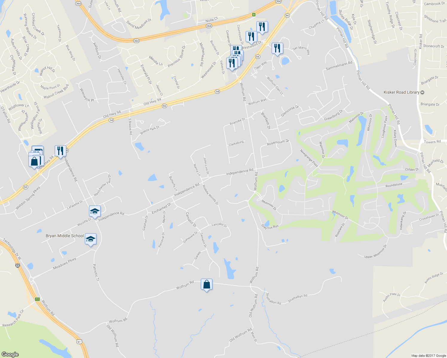 map of restaurants, bars, coffee shops, grocery stores, and more near 5320 Independence Road in Weldon Spring