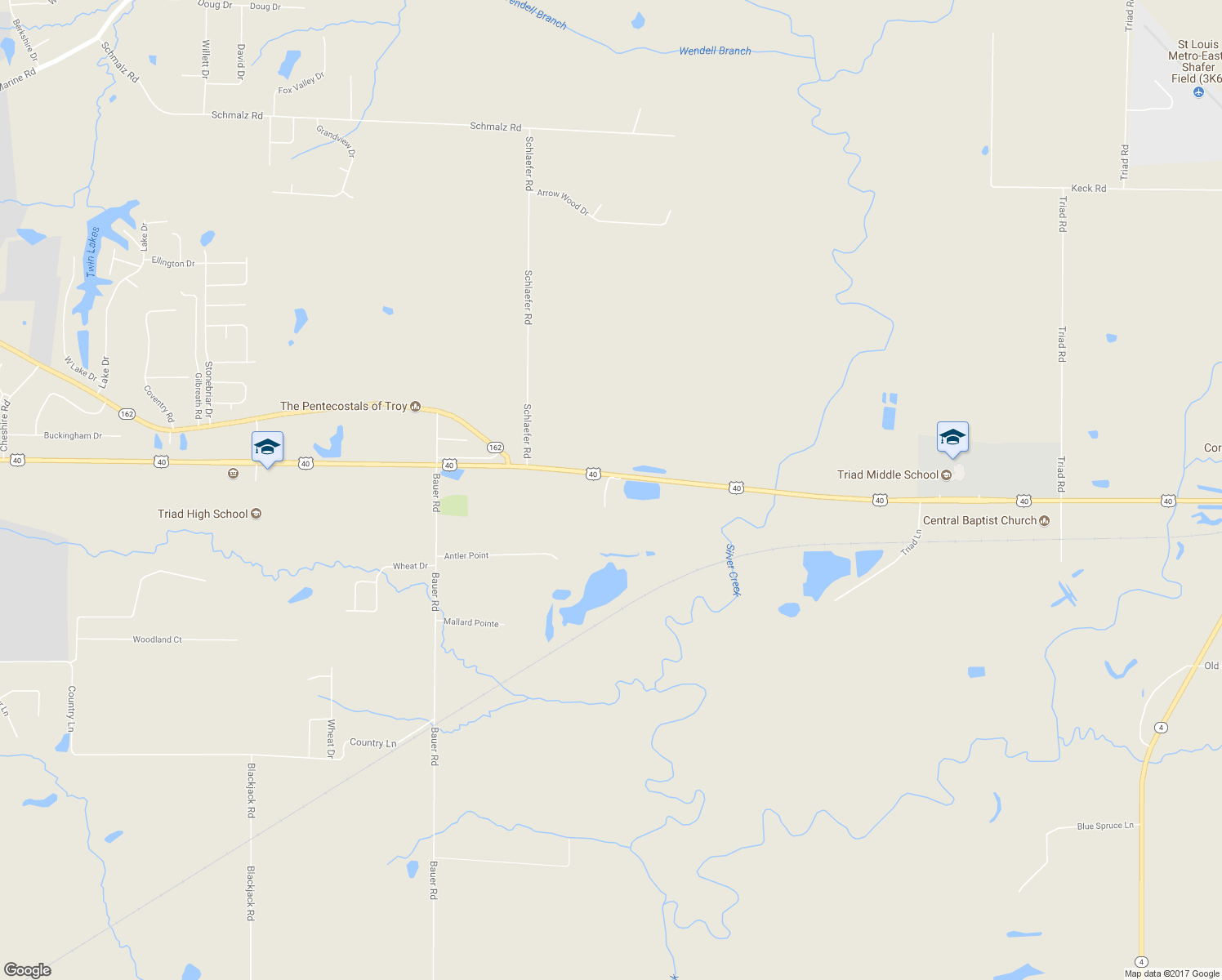 map of restaurants, bars, coffee shops, grocery stores, and more near 1606 Rustic Lane in Saint Jacob