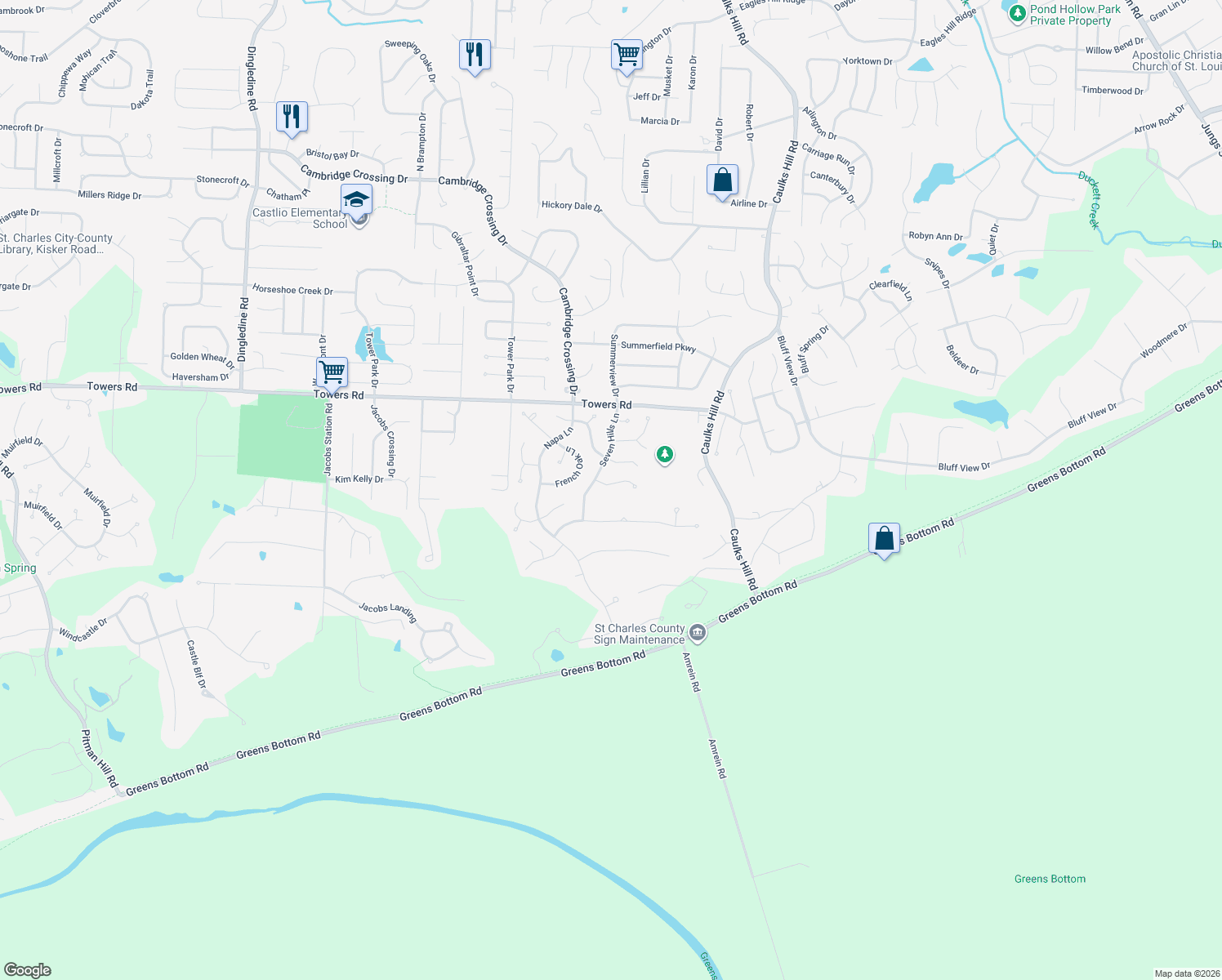 map of restaurants, bars, coffee shops, grocery stores, and more near 3841 Chablis Court in Saint Charles