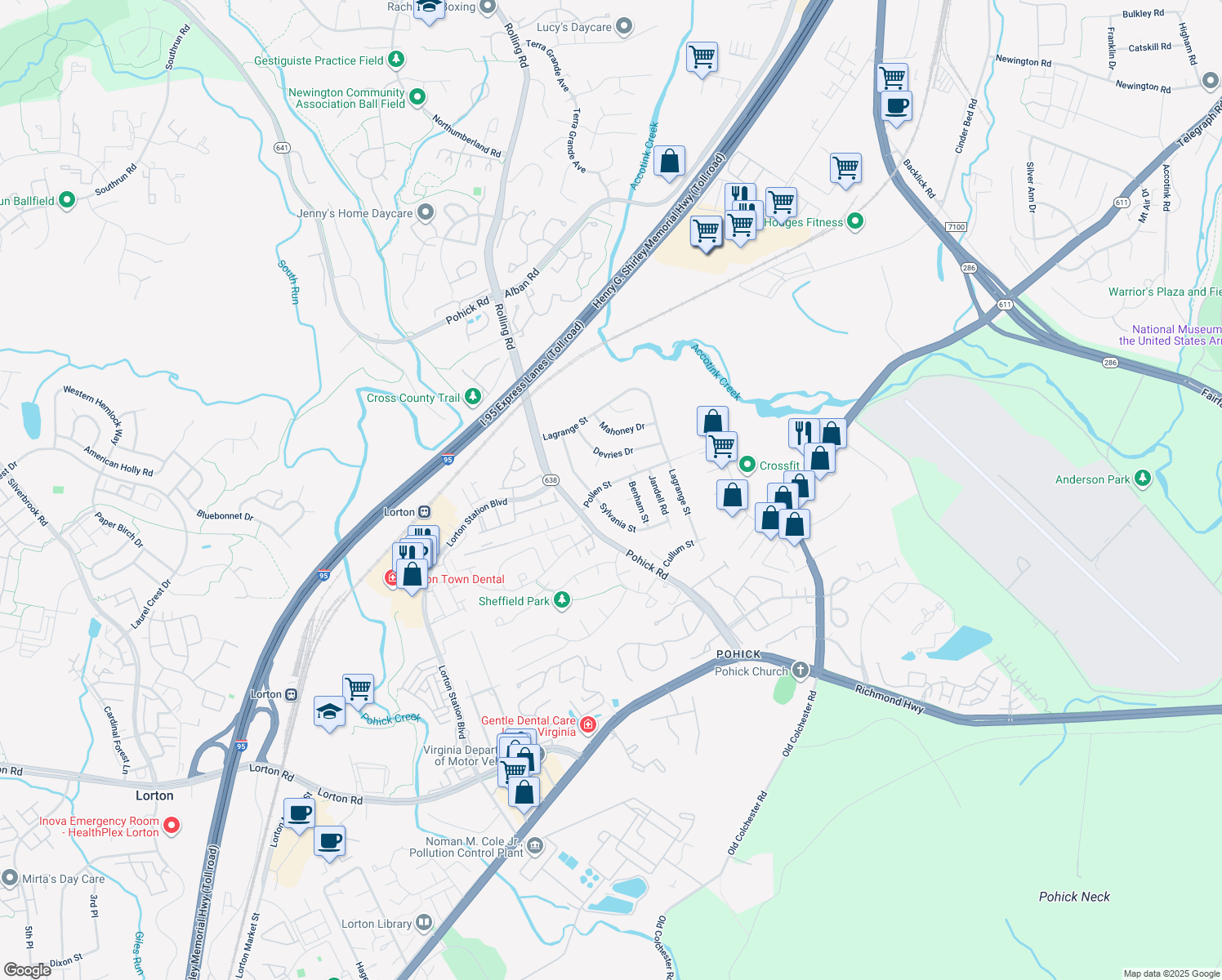 map of restaurants, bars, coffee shops, grocery stores, and more near 7607 Pollen Street in Lorton
