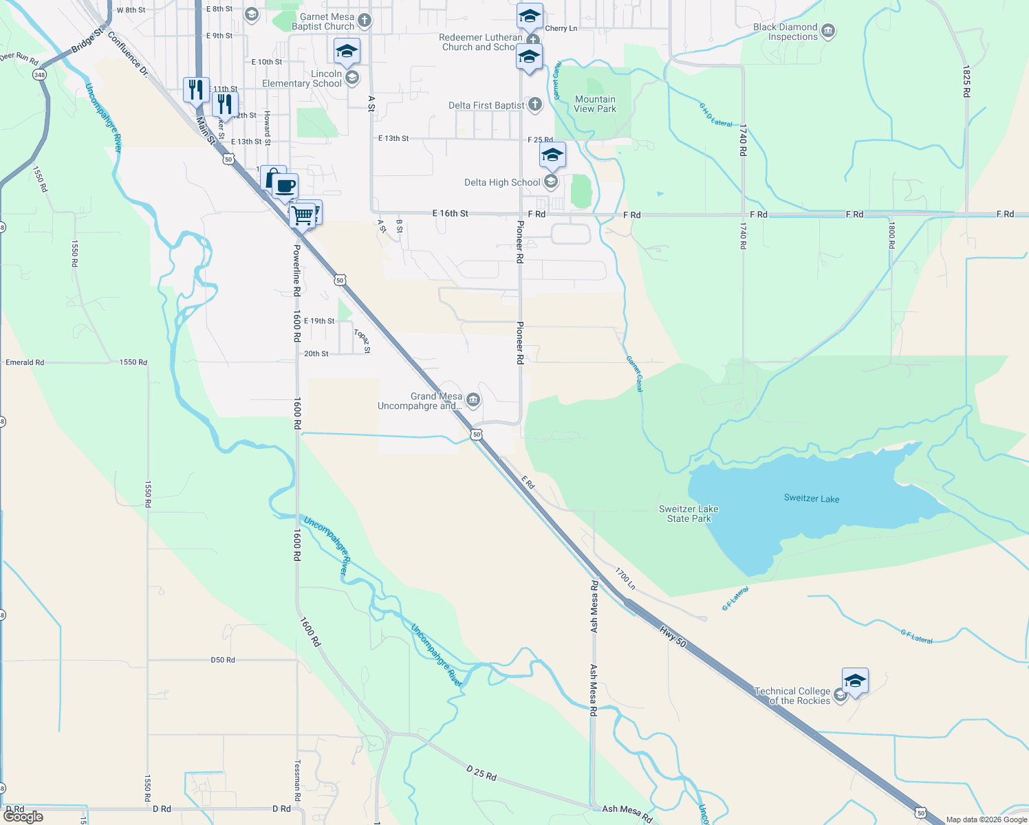 map of restaurants, bars, coffee shops, grocery stores, and more near 2363 Pioneer Road in Delta