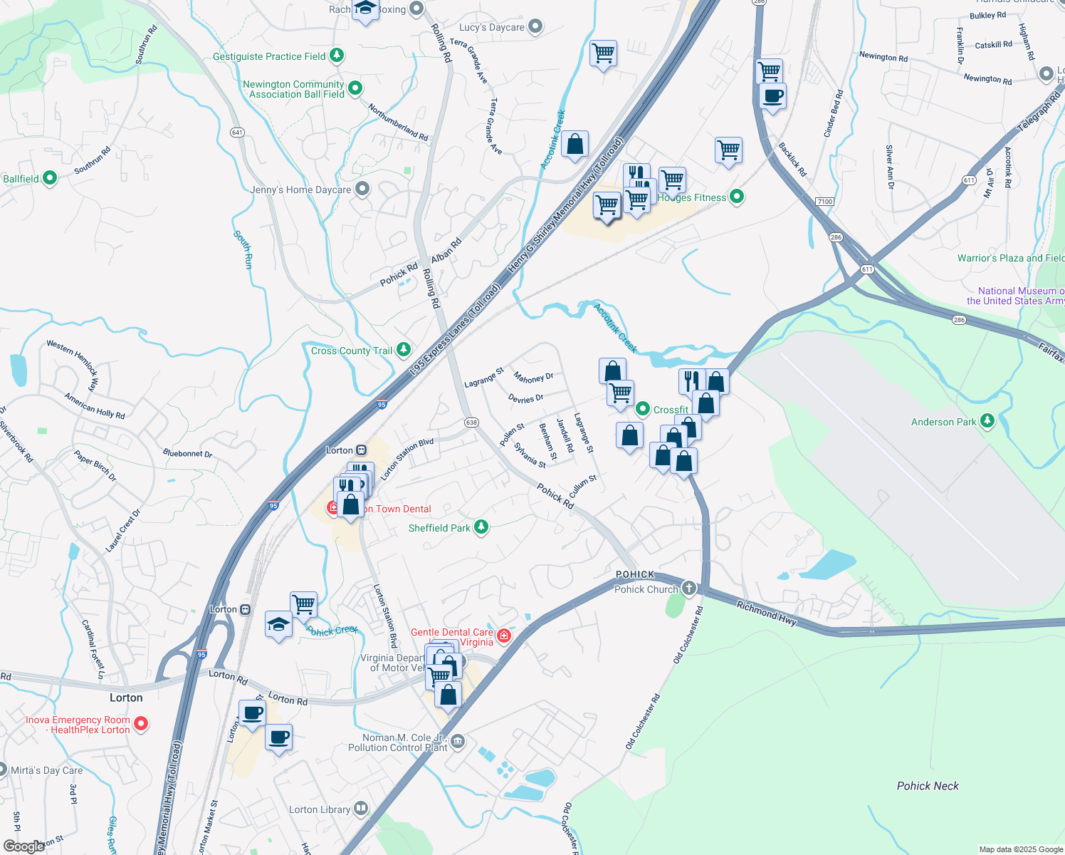 map of restaurants, bars, coffee shops, grocery stores, and more near 7603 Pollen Street in Lorton