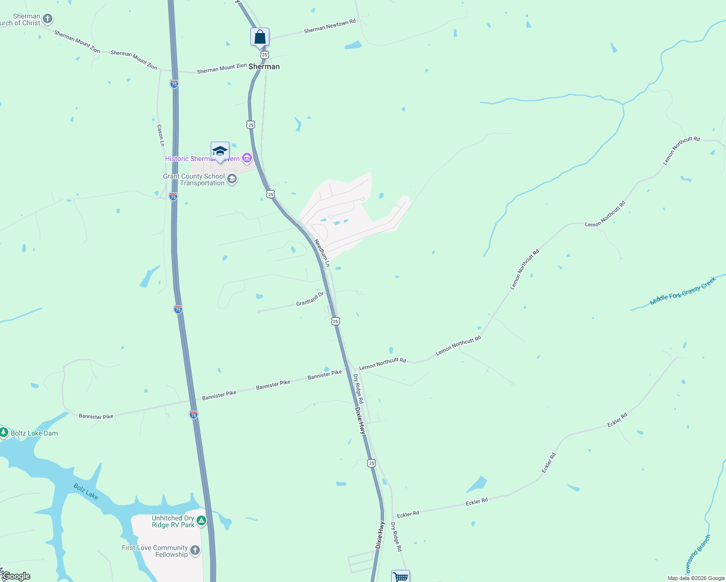 map of restaurants, bars, coffee shops, grocery stores, and more near 395 Needham Lane in Dry Ridge