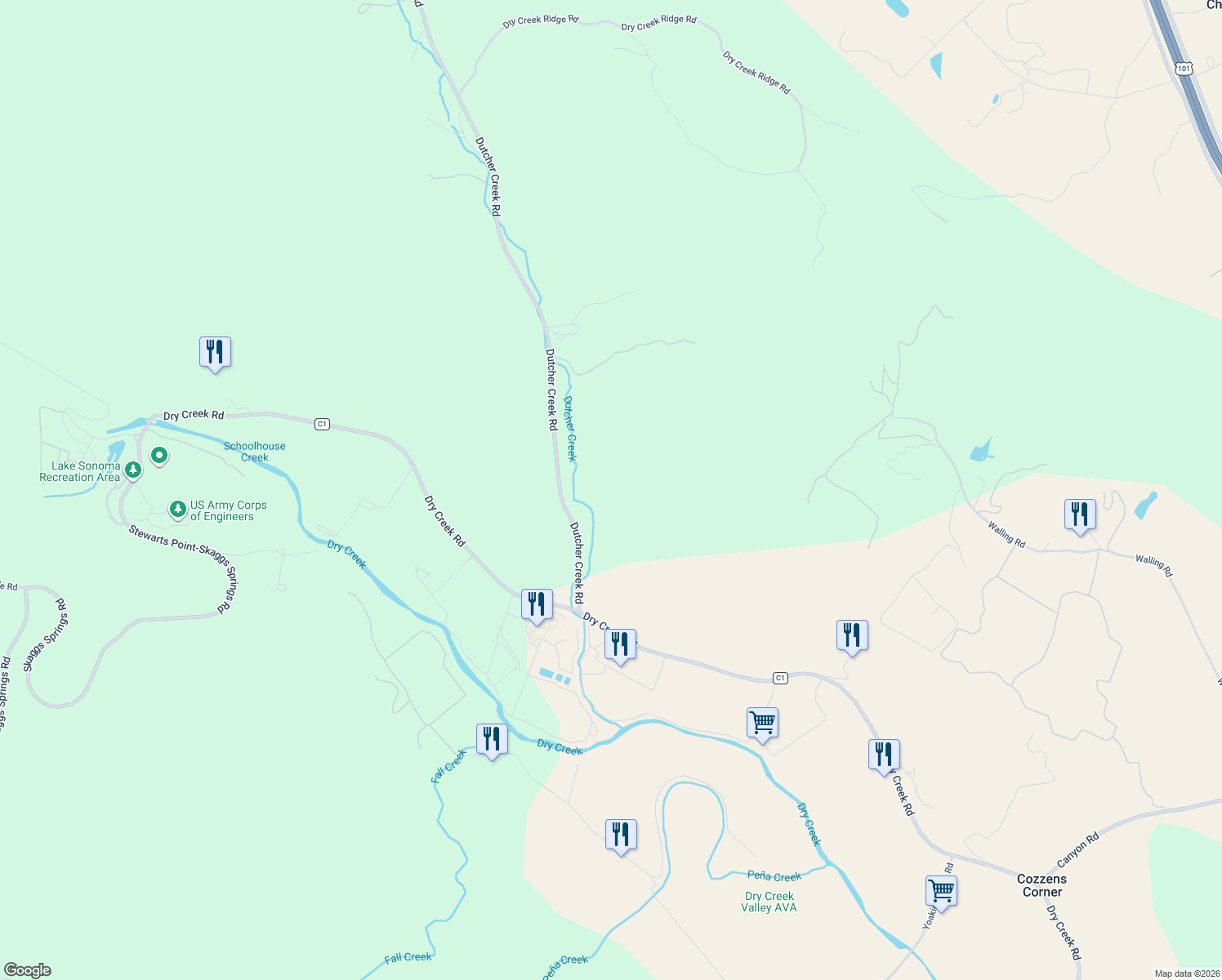 map of restaurants, bars, coffee shops, grocery stores, and more near 23200 Dutcher Creek Road in Cloverdale
