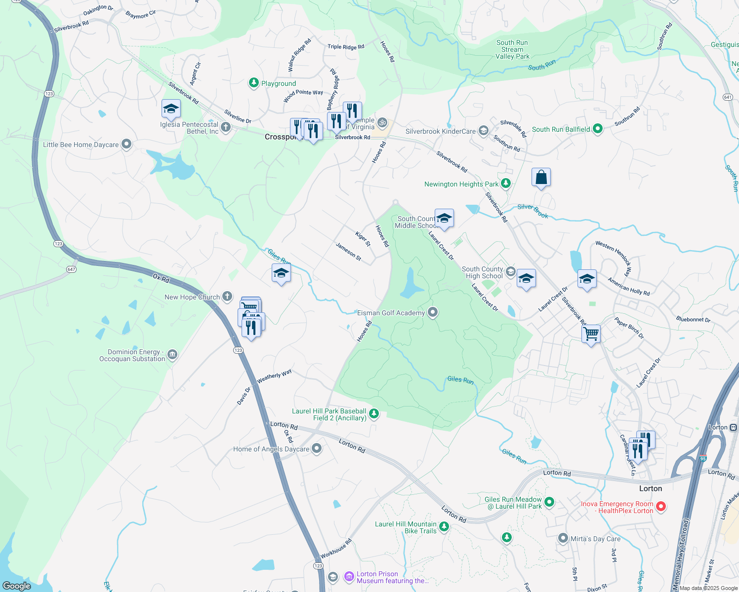 map of restaurants, bars, coffee shops, grocery stores, and more near 8901 Laurel Overlook Drive in Lorton