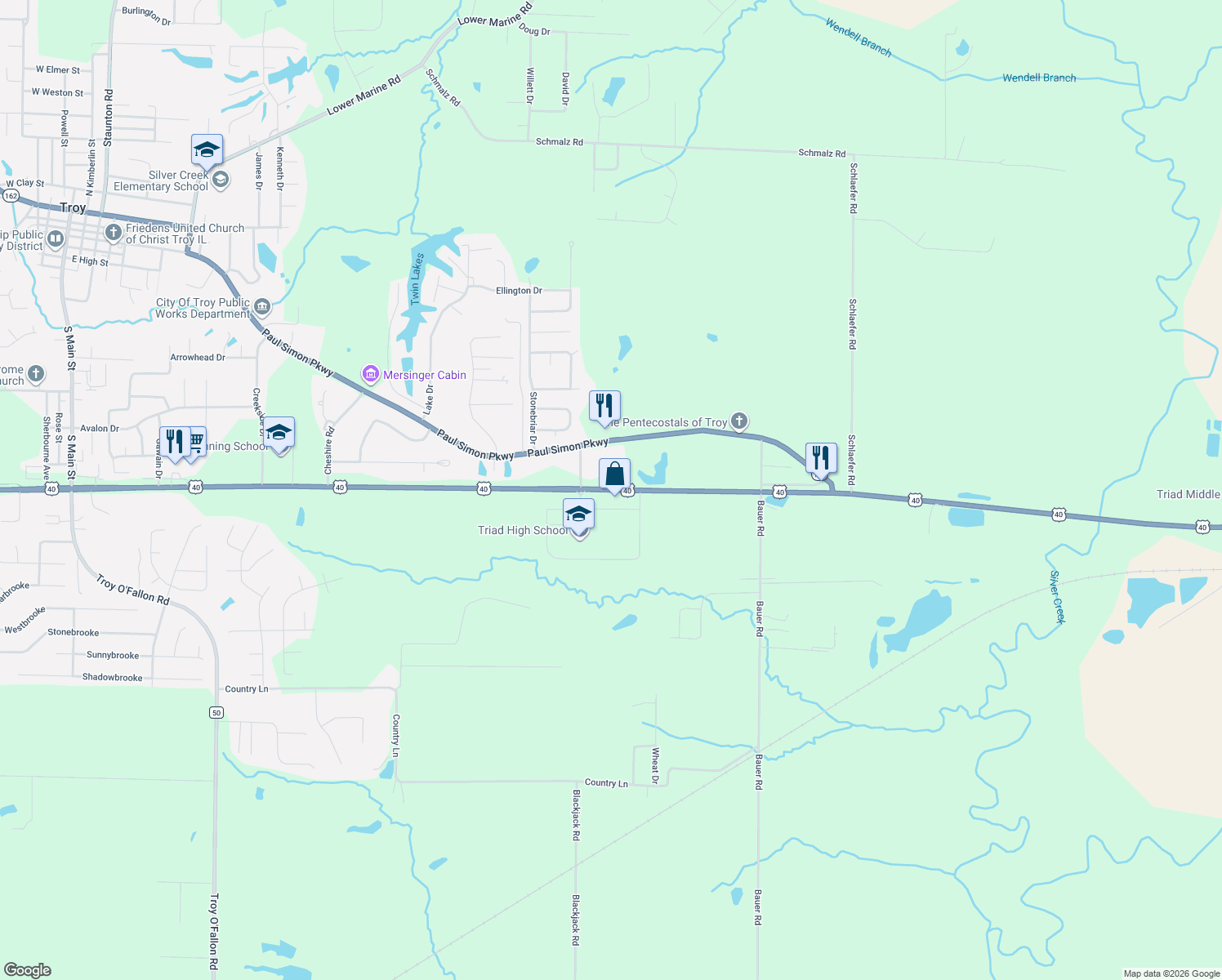 map of restaurants, bars, coffee shops, grocery stores, and more near 720 U.S. 40 in Troy