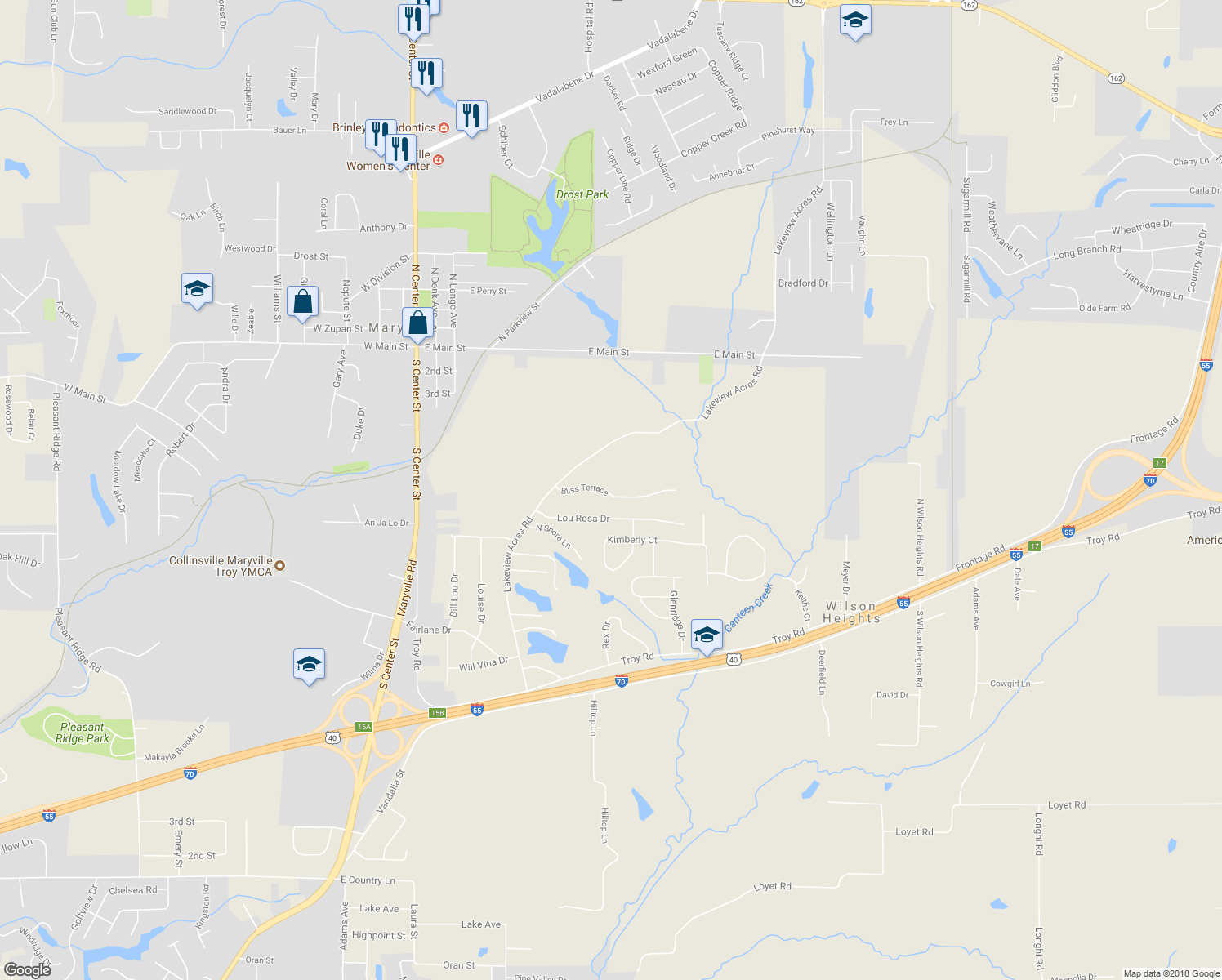 map of restaurants, bars, coffee shops, grocery stores, and more near 15 Bliss Terrace in Collinsville