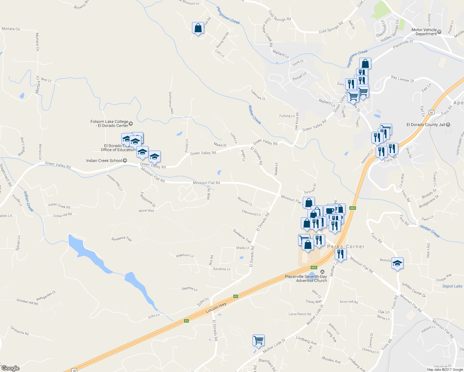 map of restaurants, bars, coffee shops, grocery stores, and more near 3582 Missouri Flat Road in Placerville